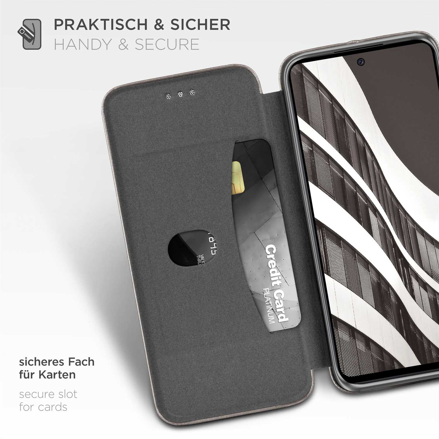 Geöffnete Handyhülle mit Kreditkarte. Text: praktisch & sicher. Sicheres Kartenfach.