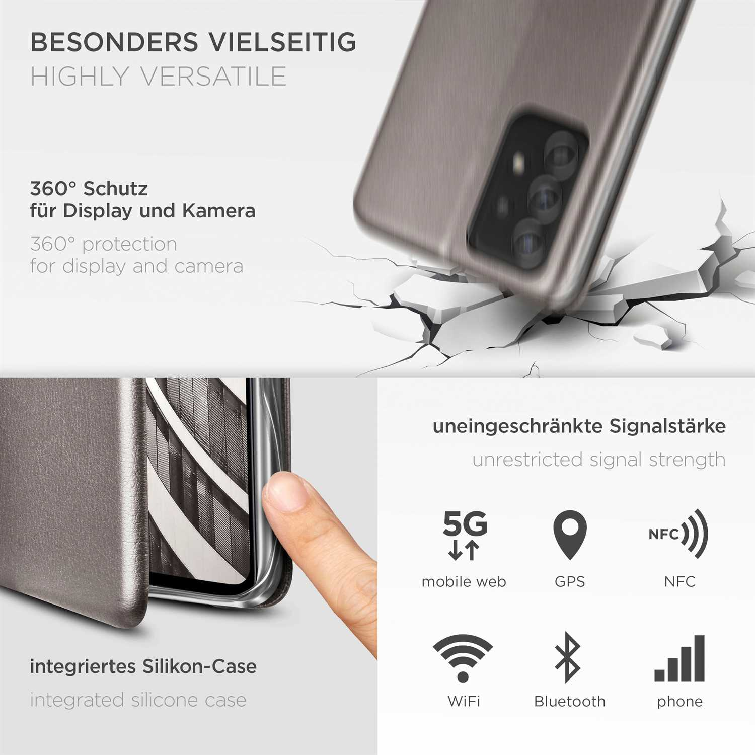 Silberne Handyhülle auf zerbrochener Oberfläche. Grafiken zeigen 5G, GPS, NFC, WLAN, Bluetooth und Signal.