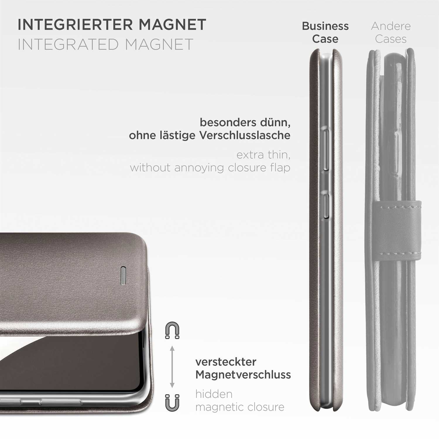 Handyhülle mit Magnetverschluss. Das Telefon ist darin. Text über die Hülle.