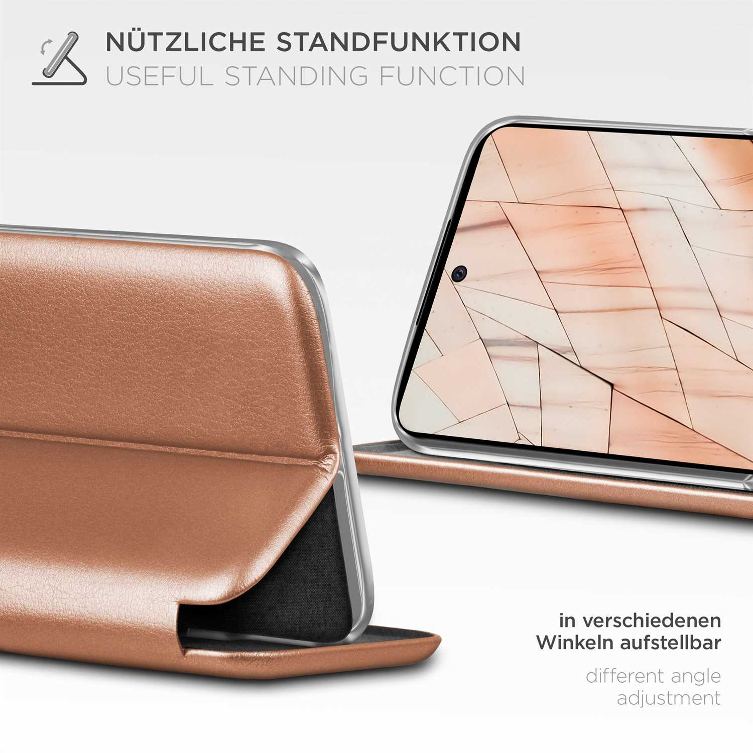Handyhülle, geöffnet, um das Telefon zu zeigen. Hülle kann aufgestellt werden. Text: 'verschiedene Winkeleinstellungen'.