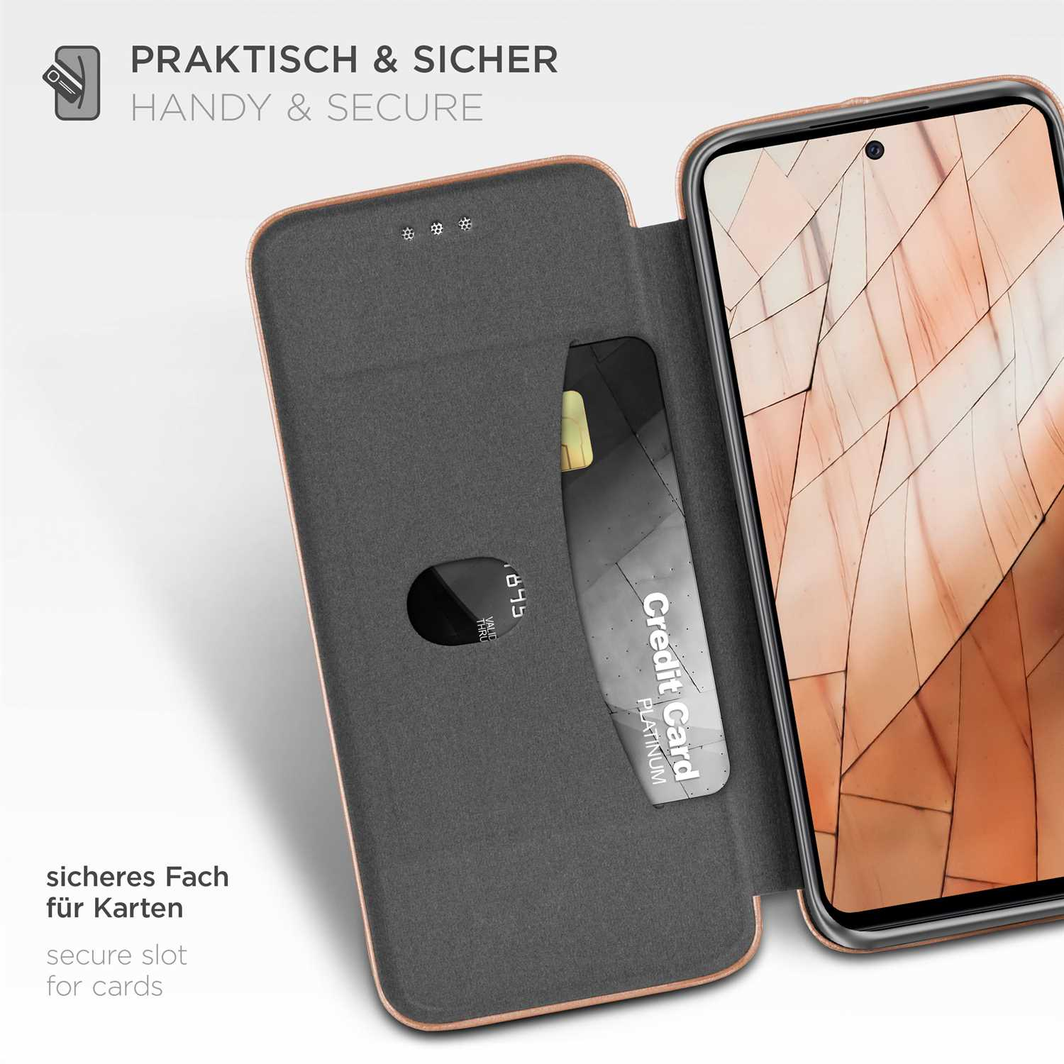 Eine Handyhülle ist geöffnet und zeigt eine Kreditkarte und einen Telefonbildschirm. Auf der Hülle steht 'Handy & Secure' und 'Secure slot for cards'.