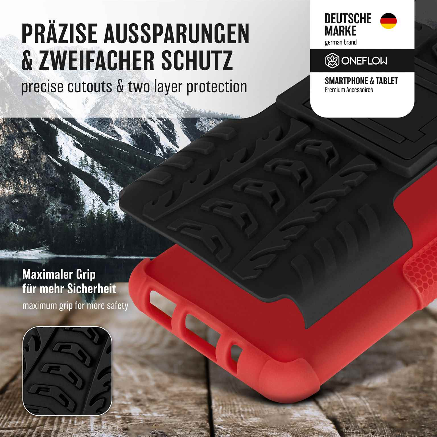 Nahaufnahme einer schwarz-roten Handyhülle mit den Worten präzise Aussparungen und maximaler Grip.