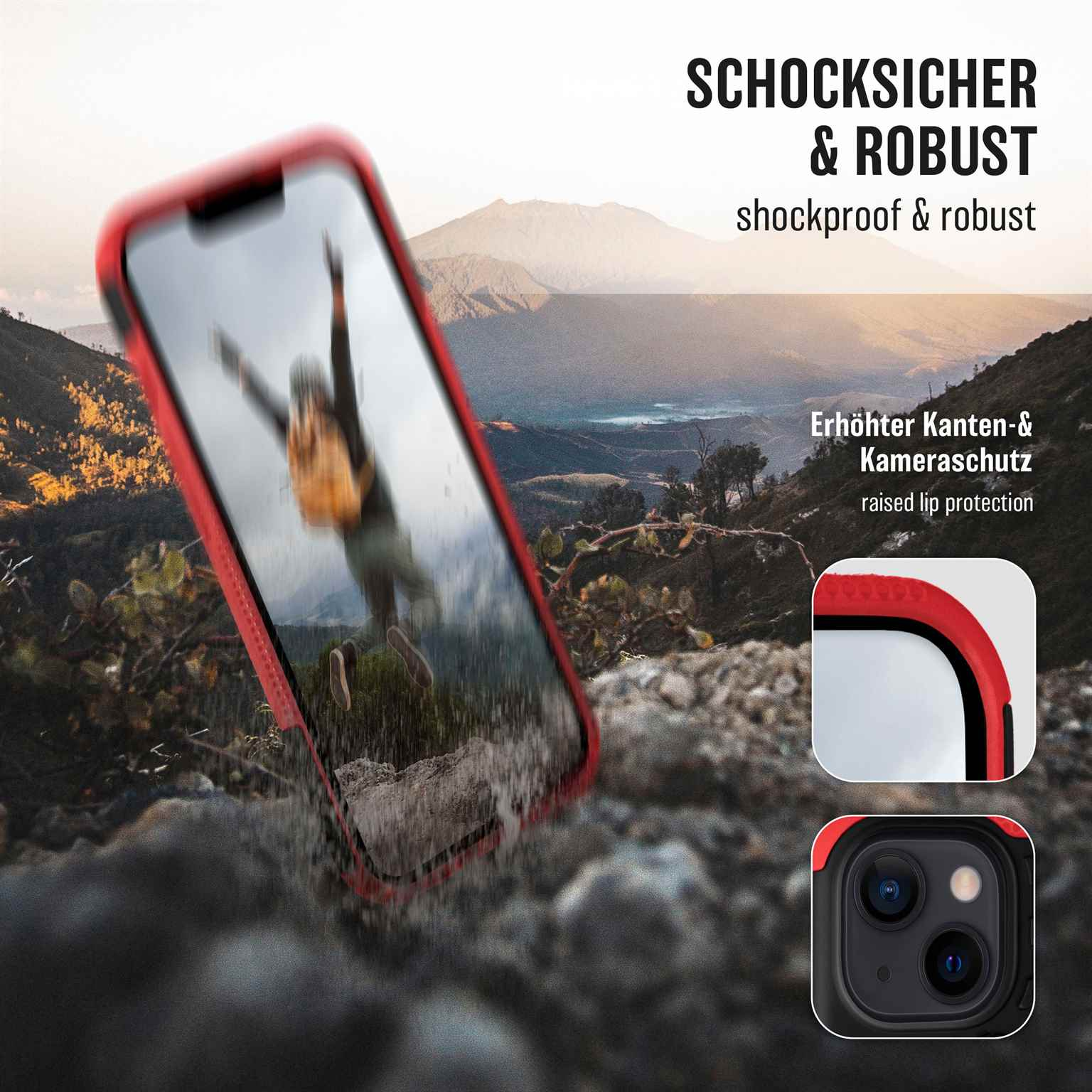 Handyhülle mit roter Abdeckung. Text sagt: stoßfest & robust.