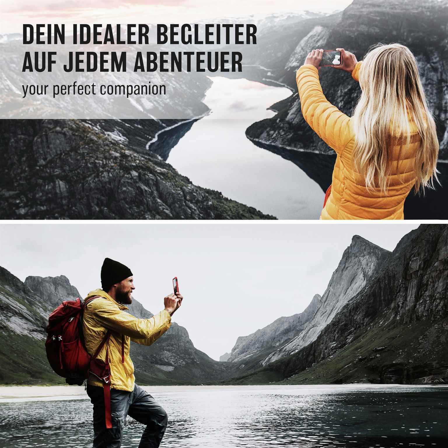 Zwei Personen in der Natur, die Telefone benutzen. Der Text oben lautet: Ihr perfekter Begleiter.