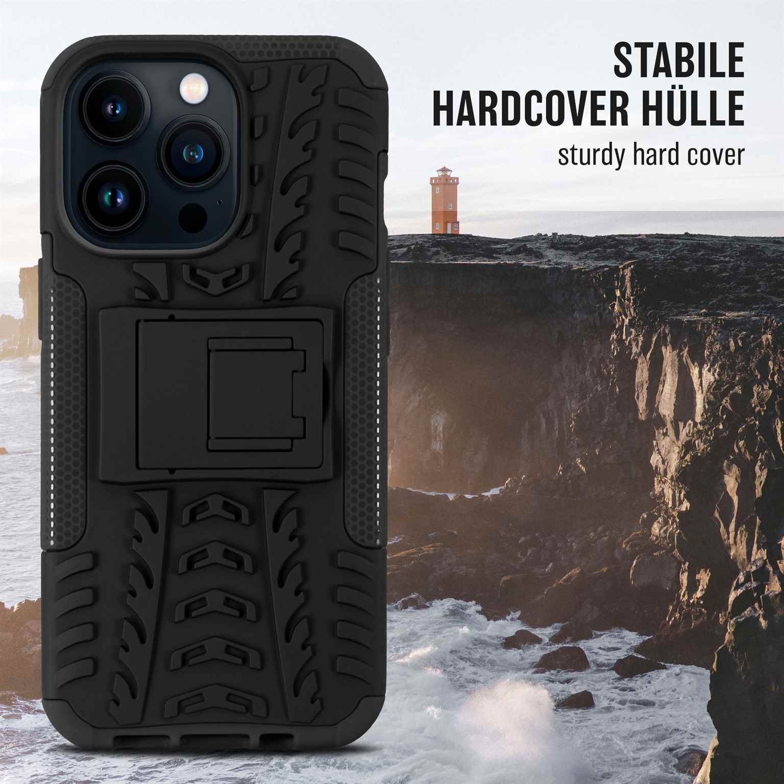 Schwarze Handyhülle mit Ständer. Ein Leuchtturm und Berge sind im Hintergrund.