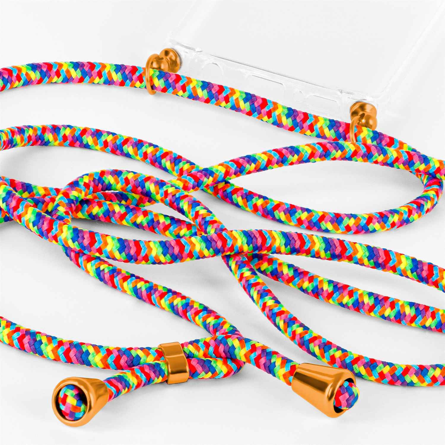 Regenbogenfarbenes Handy-Lanyard mit goldenen Spitzen. Geflochtene Kordel auf weißem Hintergrund.