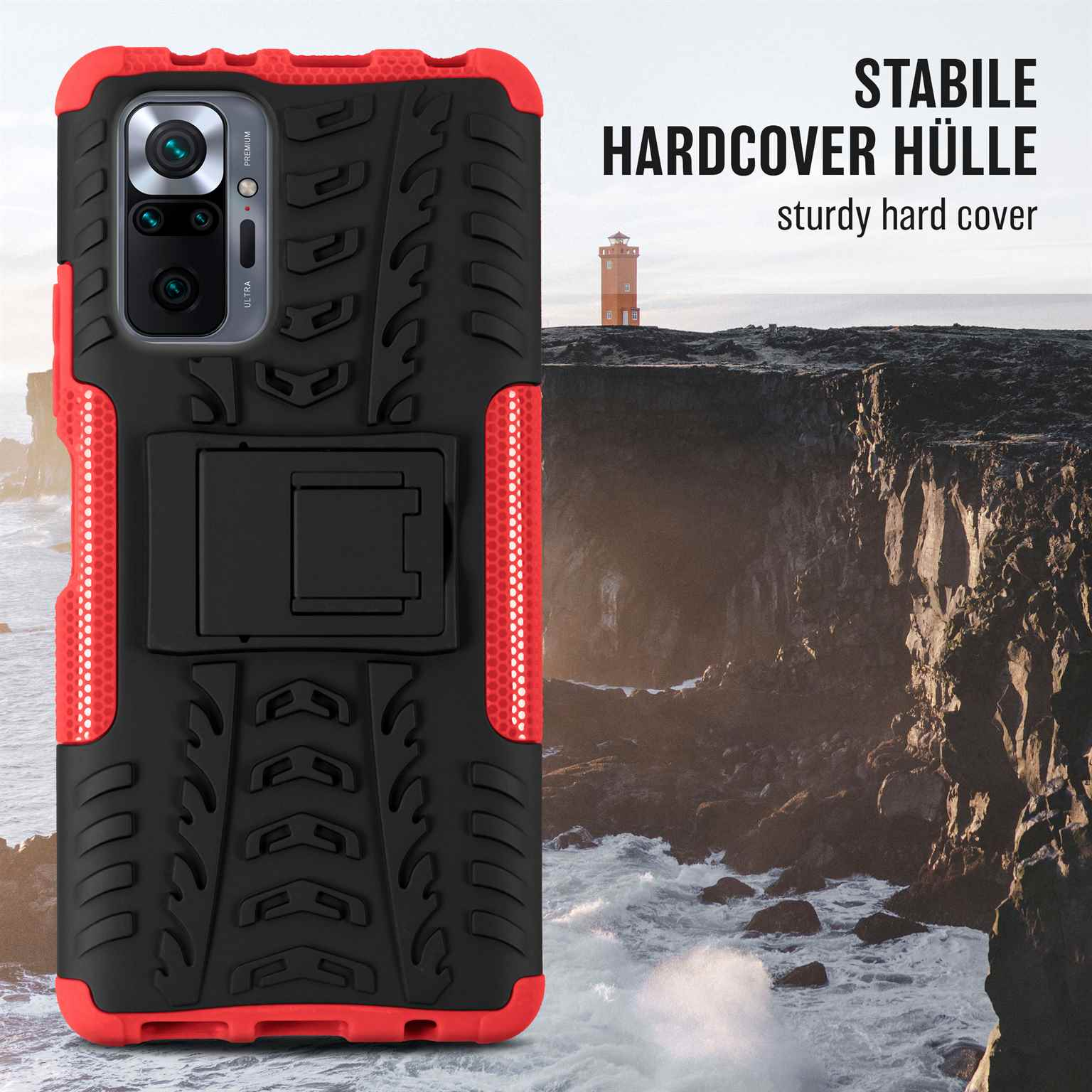 Rote und schwarze Handyhülle auf felsiger Landschaft mit Leuchtturm im Hintergrund.