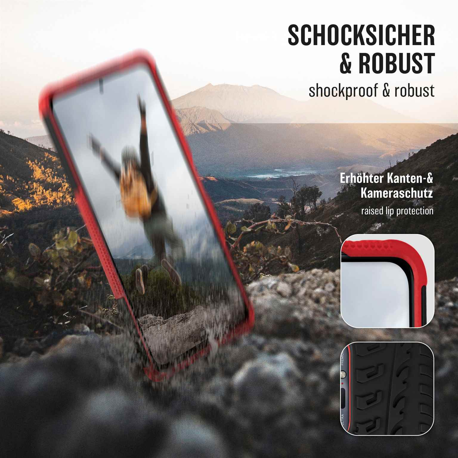 Eine Telefonhülle mit rotem Rand, die eine Landschaft zeigt. Der Hintergrund zeigt eine Berglandschaft.
