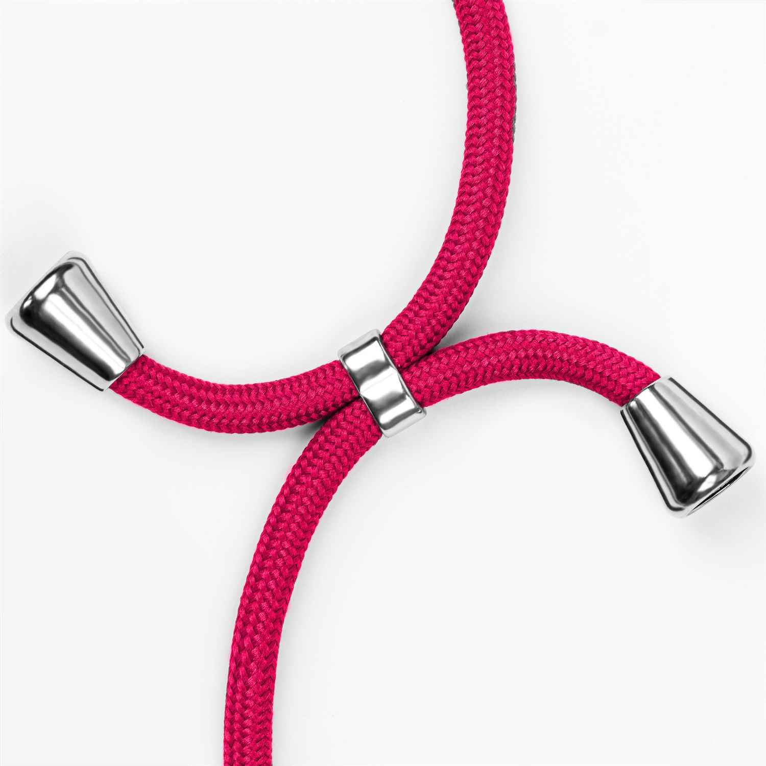 Nahaufnahme einer pinkfarbenen Handyhüllen-Kordel mit silbernen Metallenden und silberner Metallschnalle.