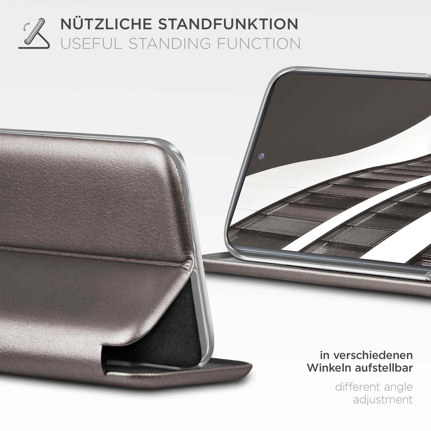 Ein Telefon in einem grauen Gehäuse, in verschiedenen Winkeln mit Standfunktion gezeigt.
