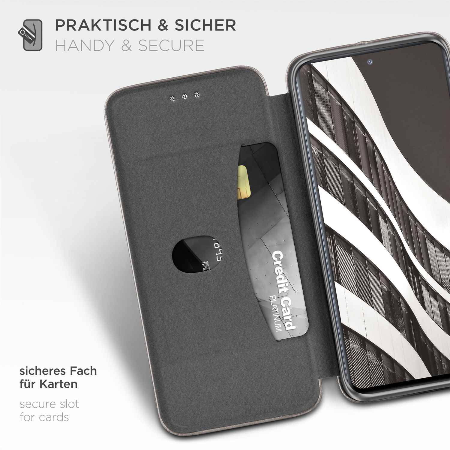 Handyhülle mit Kreditkartenfach. Die Hülle ist grau, mit sichtbarer schwarzer Kreditkarte.
