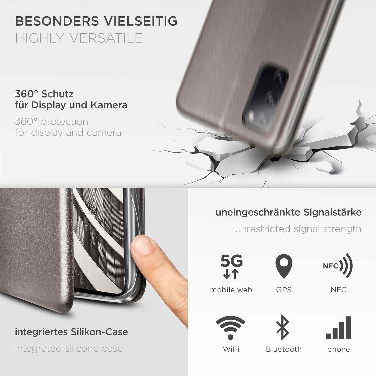 Handyhülle und Diagramm. 5G-, GPS-, NFC-, WLAN-, Bluetooth- und Telefonsymbole. Text: 'BESONDERS VIELSEITIG'.