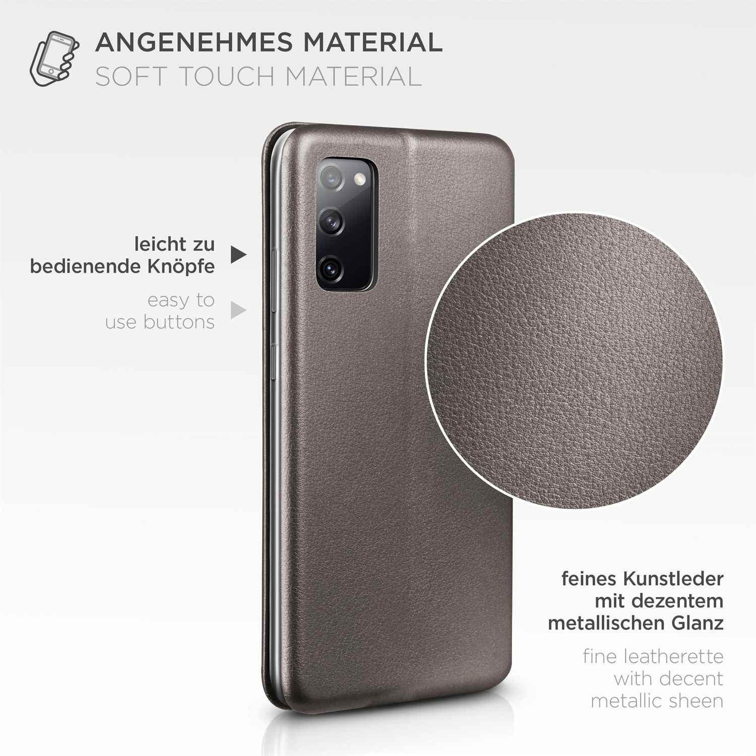 Braune Handyhülle mit Nahaufnahme der Textur. Text: Soft-Touch-Material, einfach zu bedienende Knöpfe.