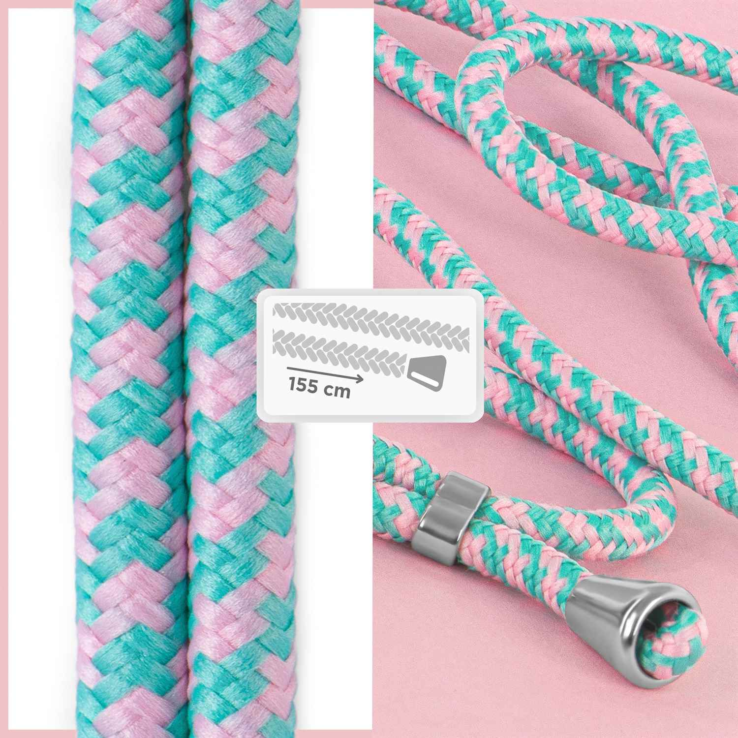 Nahaufnahme eines pinkfarbenen Telefon-Lanyards mit verwobenem Design und einem 155 cm Messetikett.