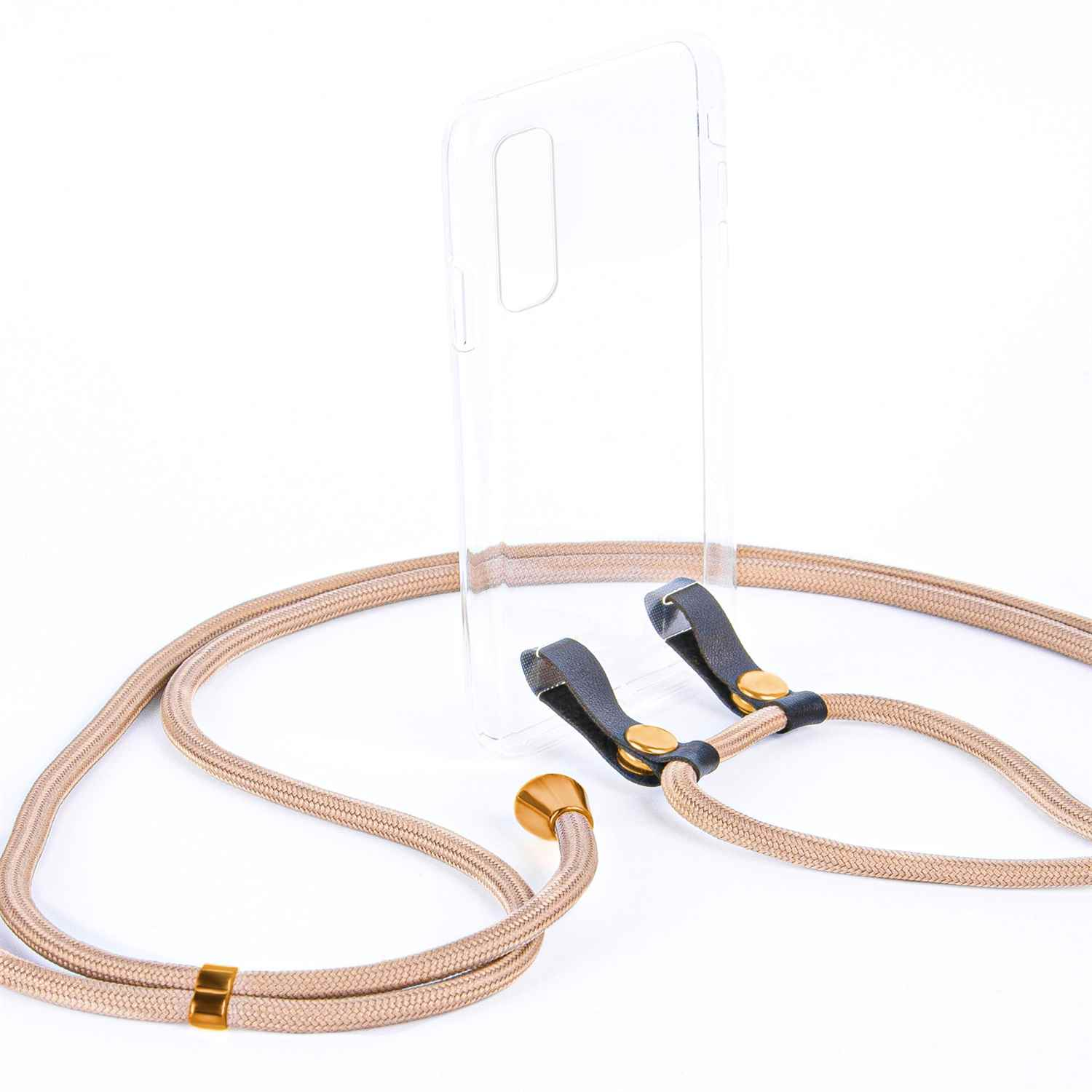 Transparente Handyhülle mit beigem Band. Das Band ist am Gehäuse befestigt und hat goldene Details.
