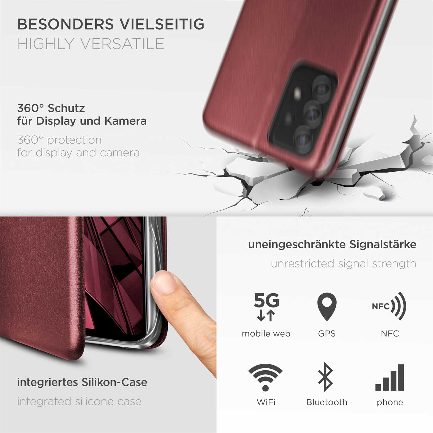Rote Handyhülle mit Telefon. Zeigt Vorteile wie 5G, NFC und kabelloses Laden.