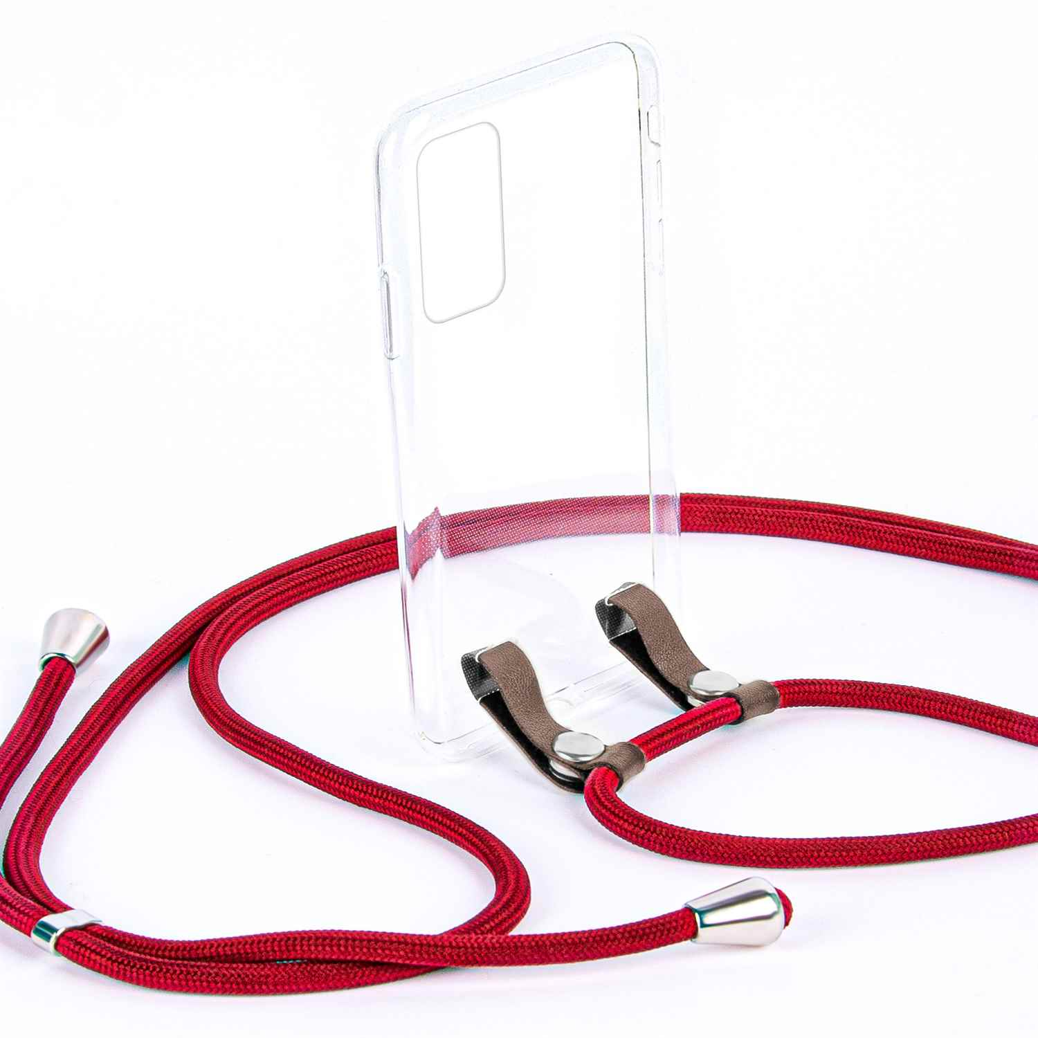 Transparente Handyhülle mit rotem Lanyard, Metallakzente. Weißer Hintergrund.