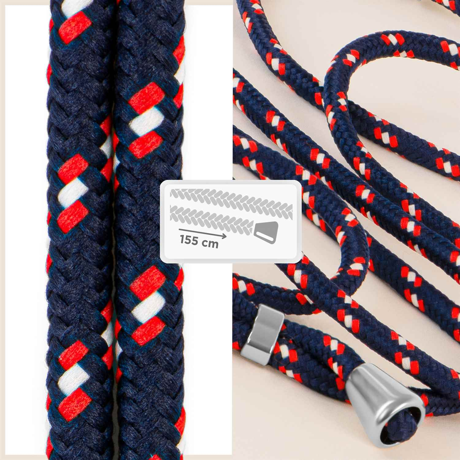 Nahaufnahme eines blau, rot und weiß geflochtenen Handystraps mit Längendiagramm.