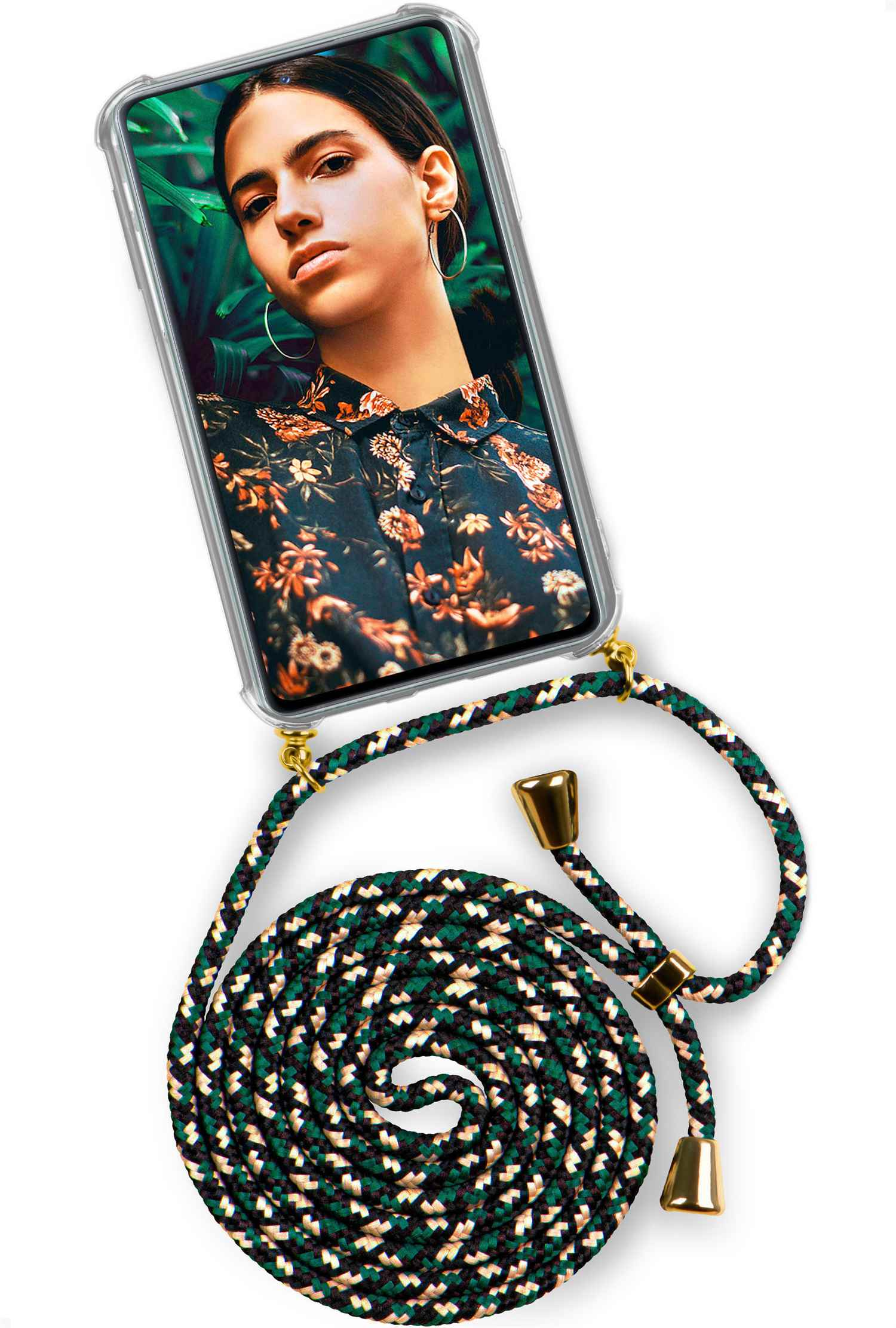 Telefon mit grün-schwarzem Seil. Telefon zeigt Frau mit Blumenhemd. Weißer Hintergrund.