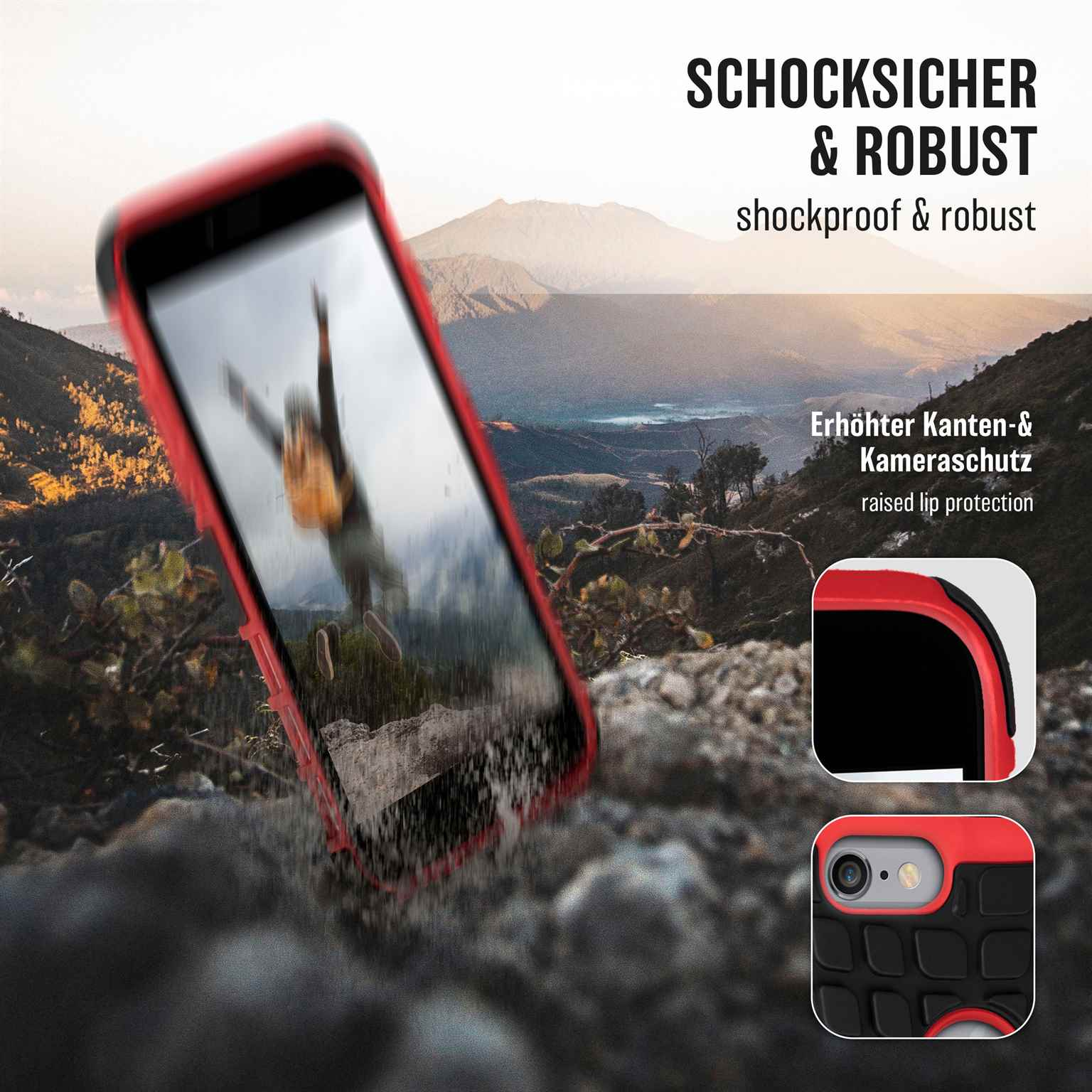 Rote Handyhülle mit springender Person. Text: 'stoßfest & robust' und 'erhöhter Kanten- & Kameraschutz'.