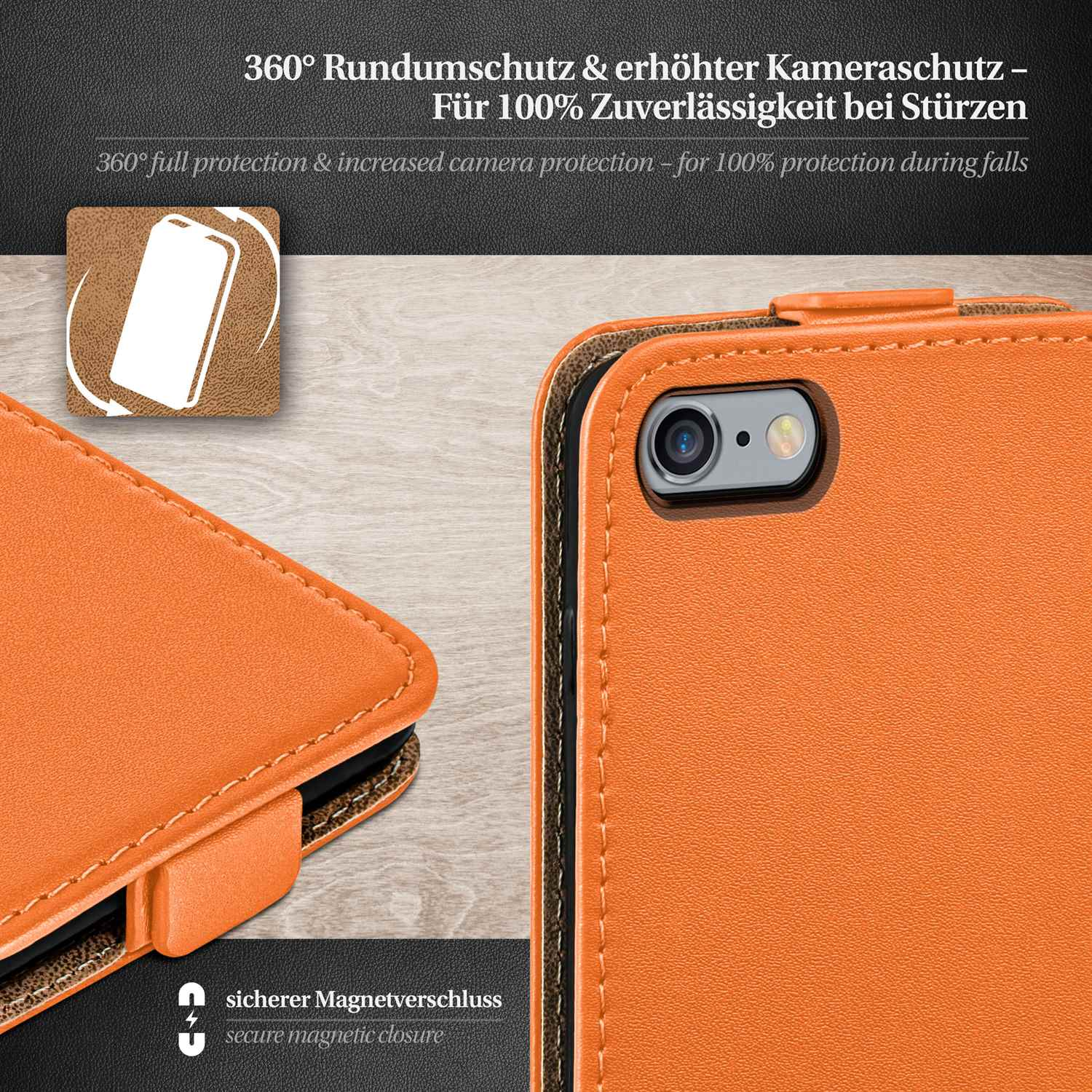 Orangefarbene Handyhülle mit Schutzfunktionen. Text weist auf 360° und Kameraschutz hin.