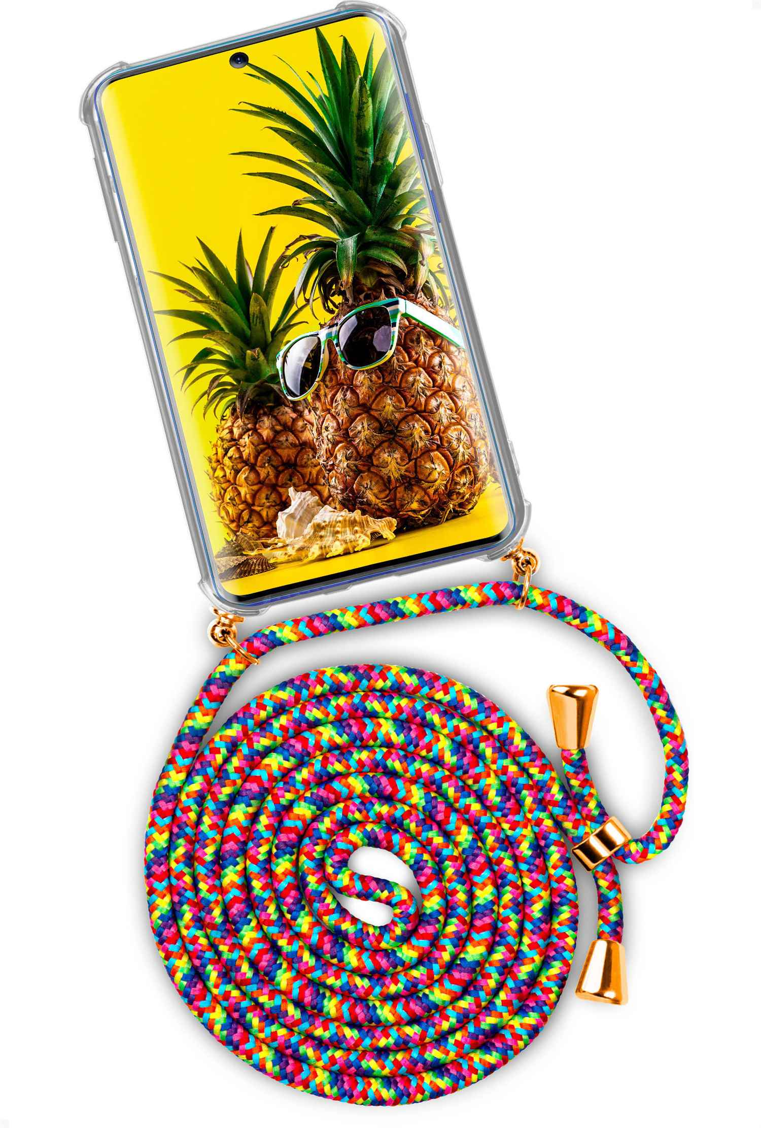 Telefon mit Ananas-Sonnenbrillen-Tapete und Regenbogen-Kordelband.