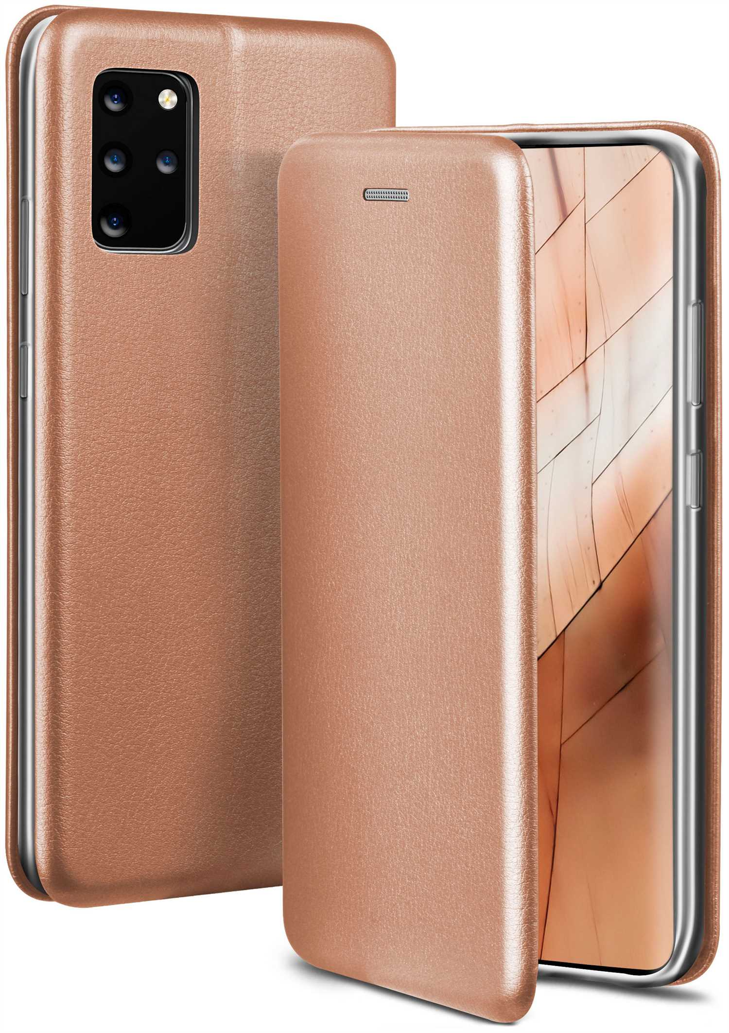 Eine roségoldene Handyhülle, geöffnet, um das Telefon zu zeigen, auf weißem Hintergrund.