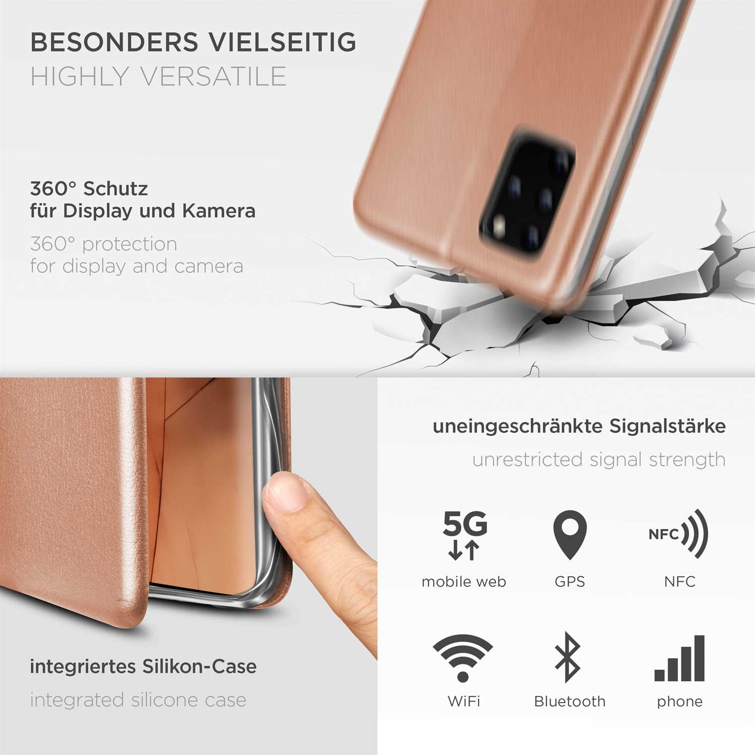 Das Bild zeigt die Eigenschaften einer Handyhülle und ein Telefon mit Hülle.