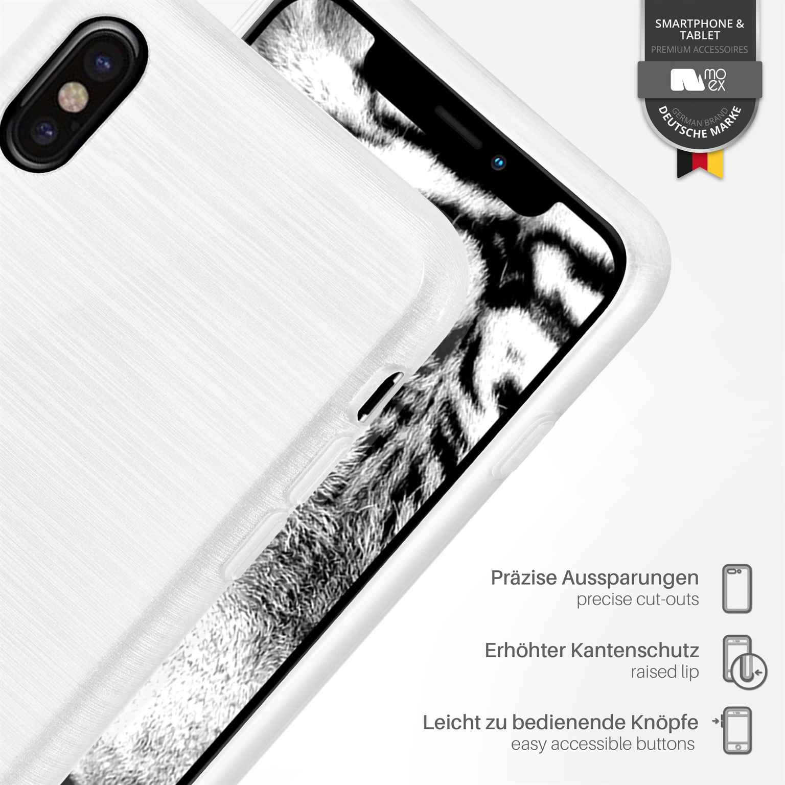 Weiße Handyhülle mit Katzenbild. Es gibt mehrere Symbole und Text im Bild.