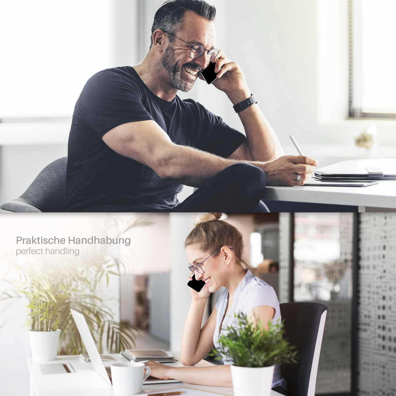 Mann und Frau telefonieren, einer mit Brille, in verschiedenen Umgebungen, Text sagt 'perfektes Handling'.