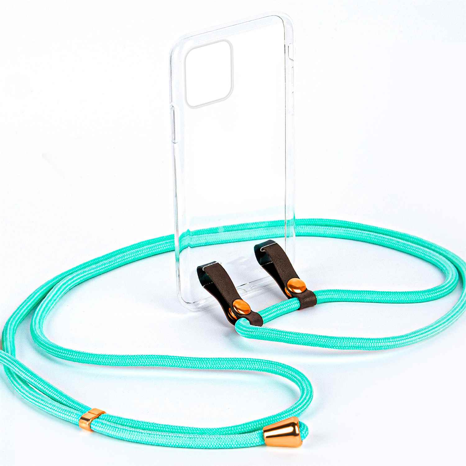 Transparente Handyhülle mit türkisfarbenem Telefonkabel, braunen Lederclips und goldenen Akzenten.