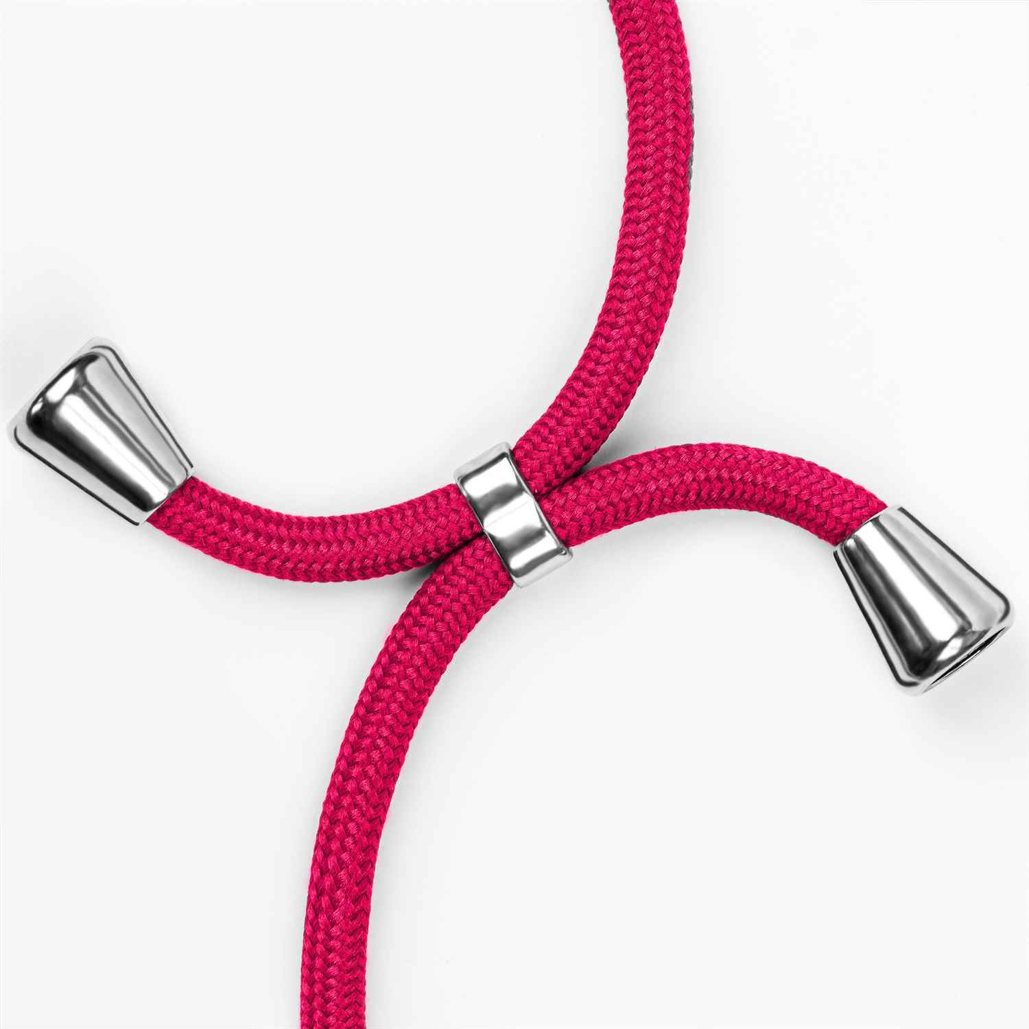 Nahaufnahme eines rosa Telefonriemens. Der Riemen hat zwei silberne Metallenden.