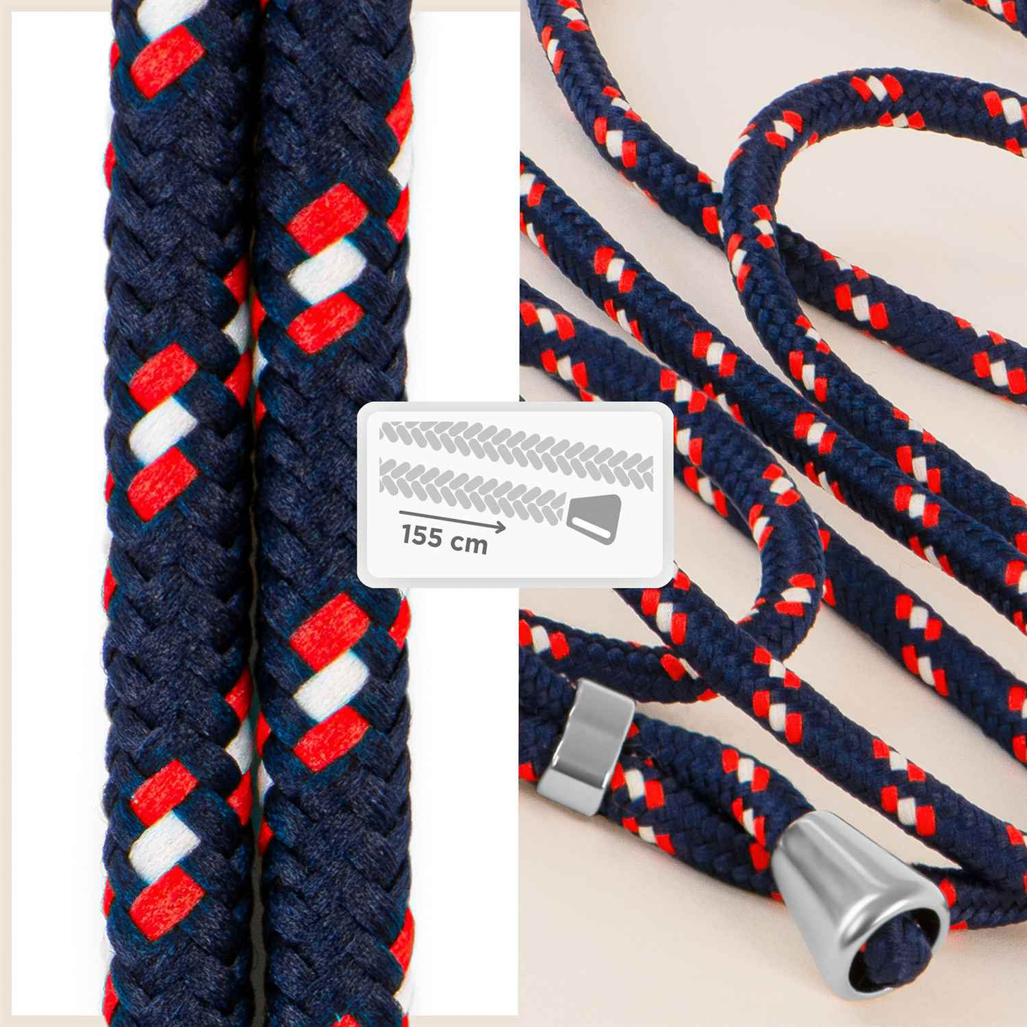 Nahaufnahme einer marineblauen, roten und weißen Handykordel. Text: 155 cm.