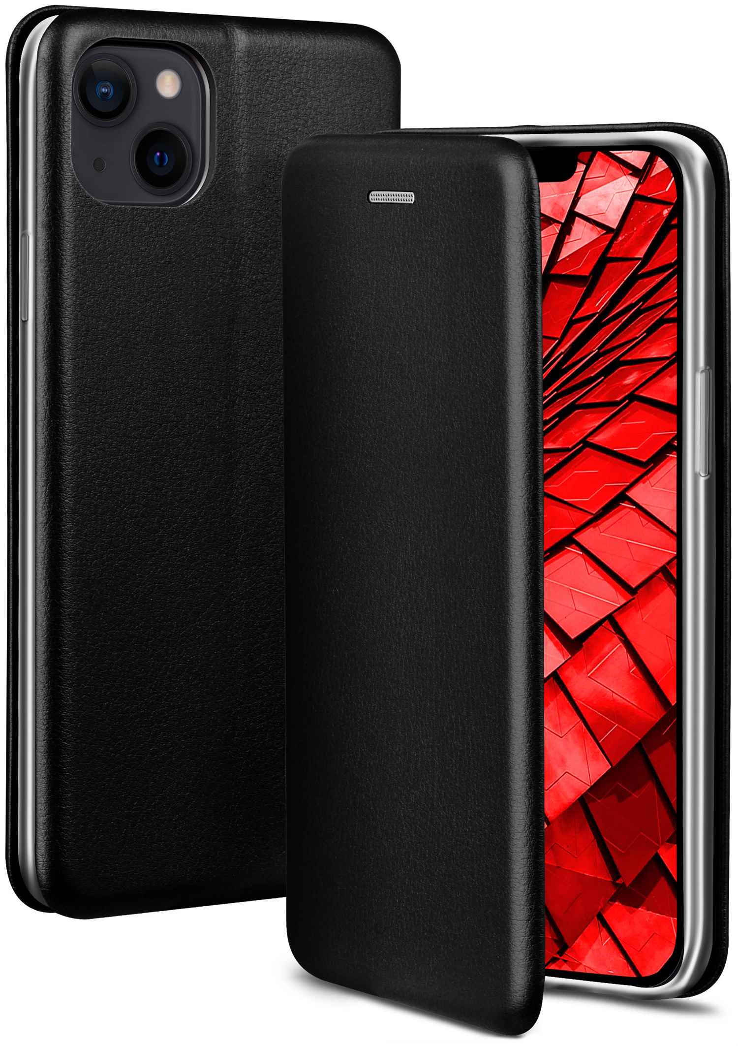 Schwarze Handyhülle mit offener Klappe. Telefon innen. Weißer Hintergrund.