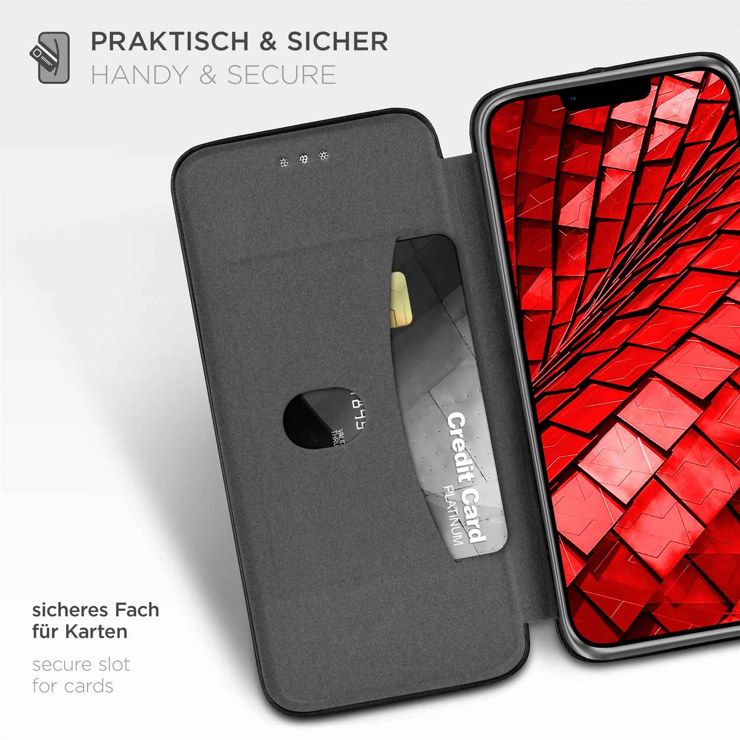 Eine Handyhülle geöffnet. Eine Kreditkarte befindet sich im Schlitz. Roter Hintergrund.