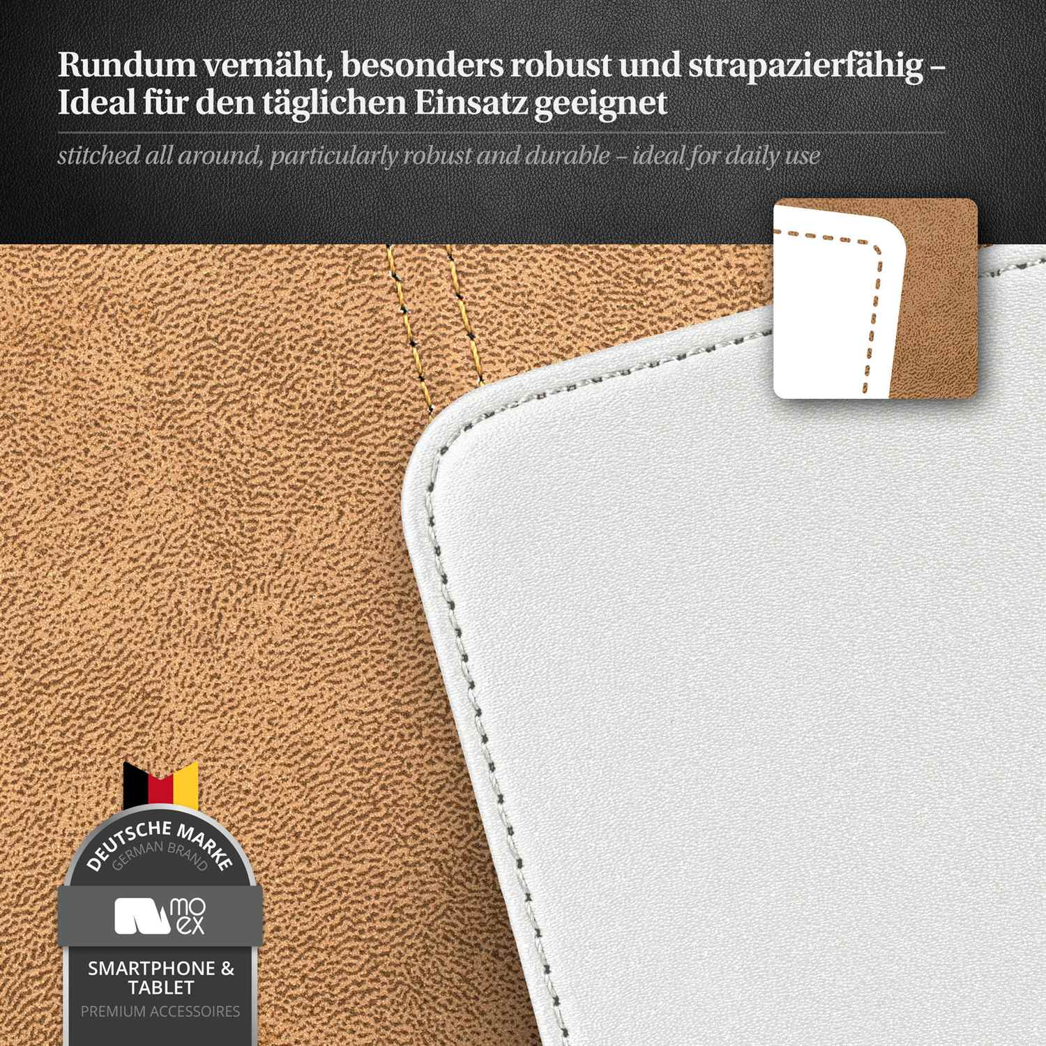 Nahaufnahme von braunen und weißen Handyhüllenmaterialien mit Nahtdetails. Deutsches Markenlogo.