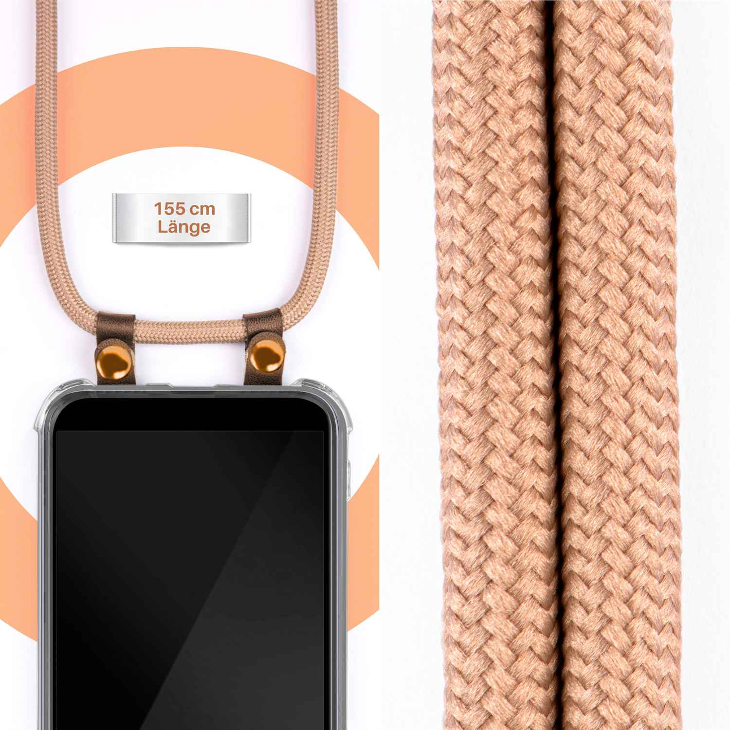 Beiges Telefonband mit Hülle. Text sagt 155 cm Länge. Weißer Hintergrund.
