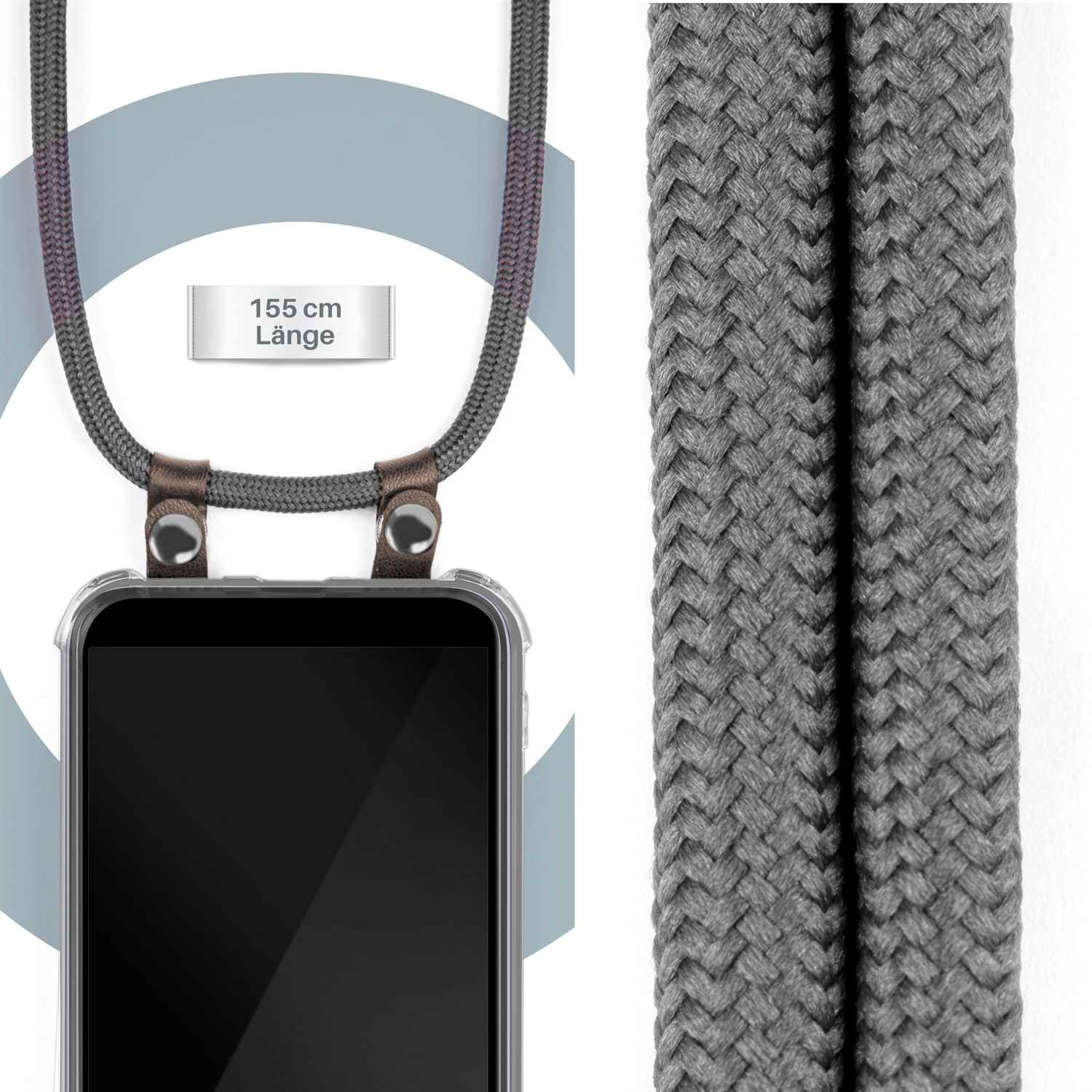 Graues Handy-Lanyard mit Hülle. Das Lanyard hat ein graues geflochtenes Band und braune Lederdetails.