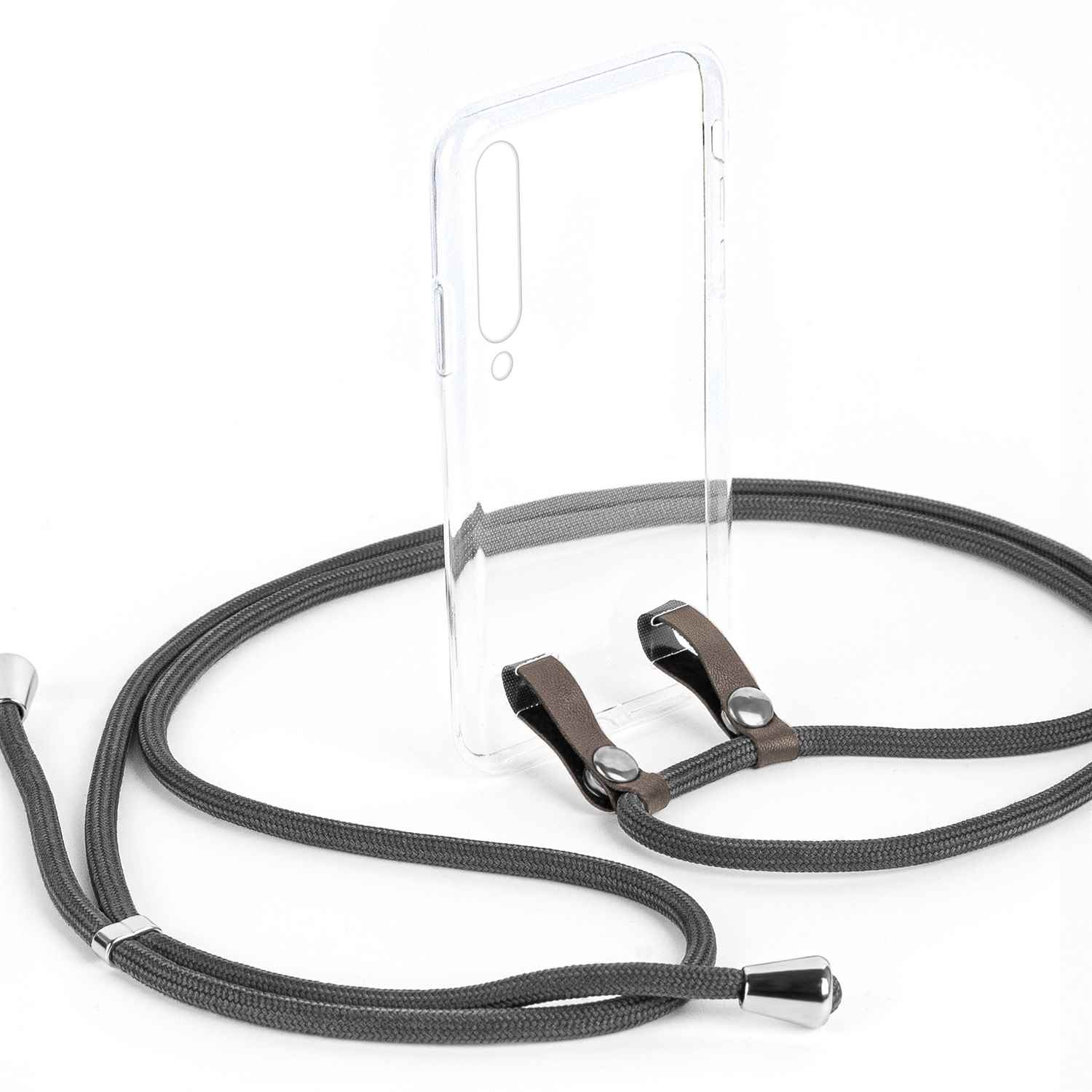 Graue Telefonschnur mit transparentem Gehäuse. Silberne Akzente an Gehäuse und Schnur.
