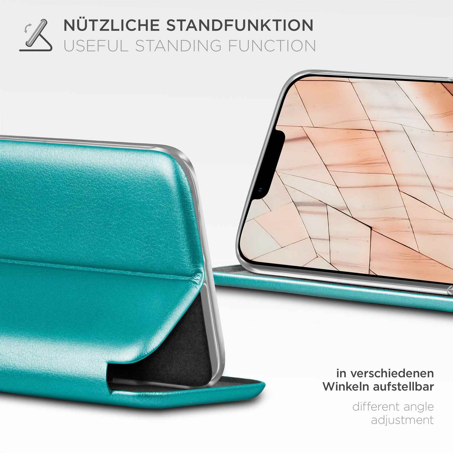 Eine türkisfarbene Handyhülle mit einem Telefon darin. Text über eine Standfunktion.
