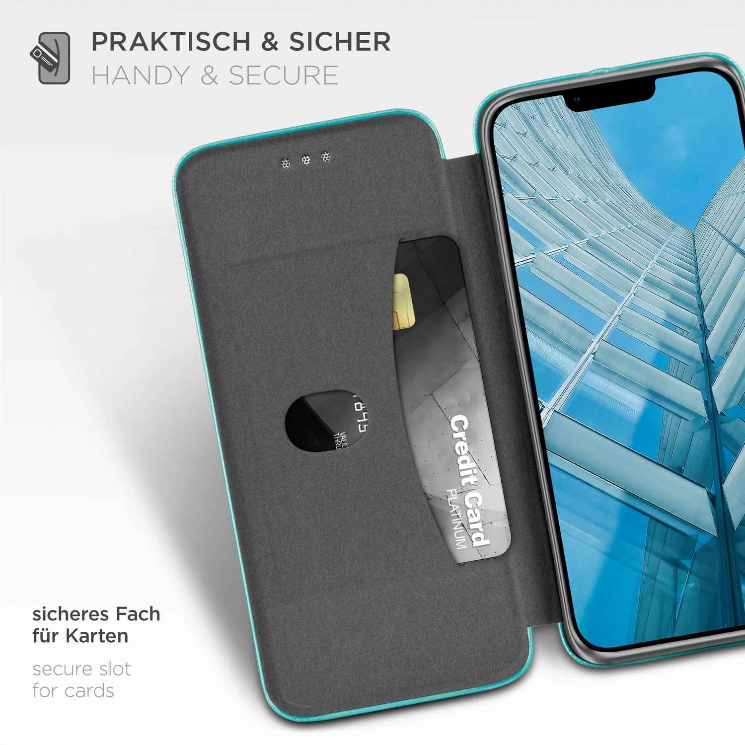 Handyhülle mit Kreditkartenfach. Geöffnet, zeigt Telefon und Karte. Türkisfarbener Rand.