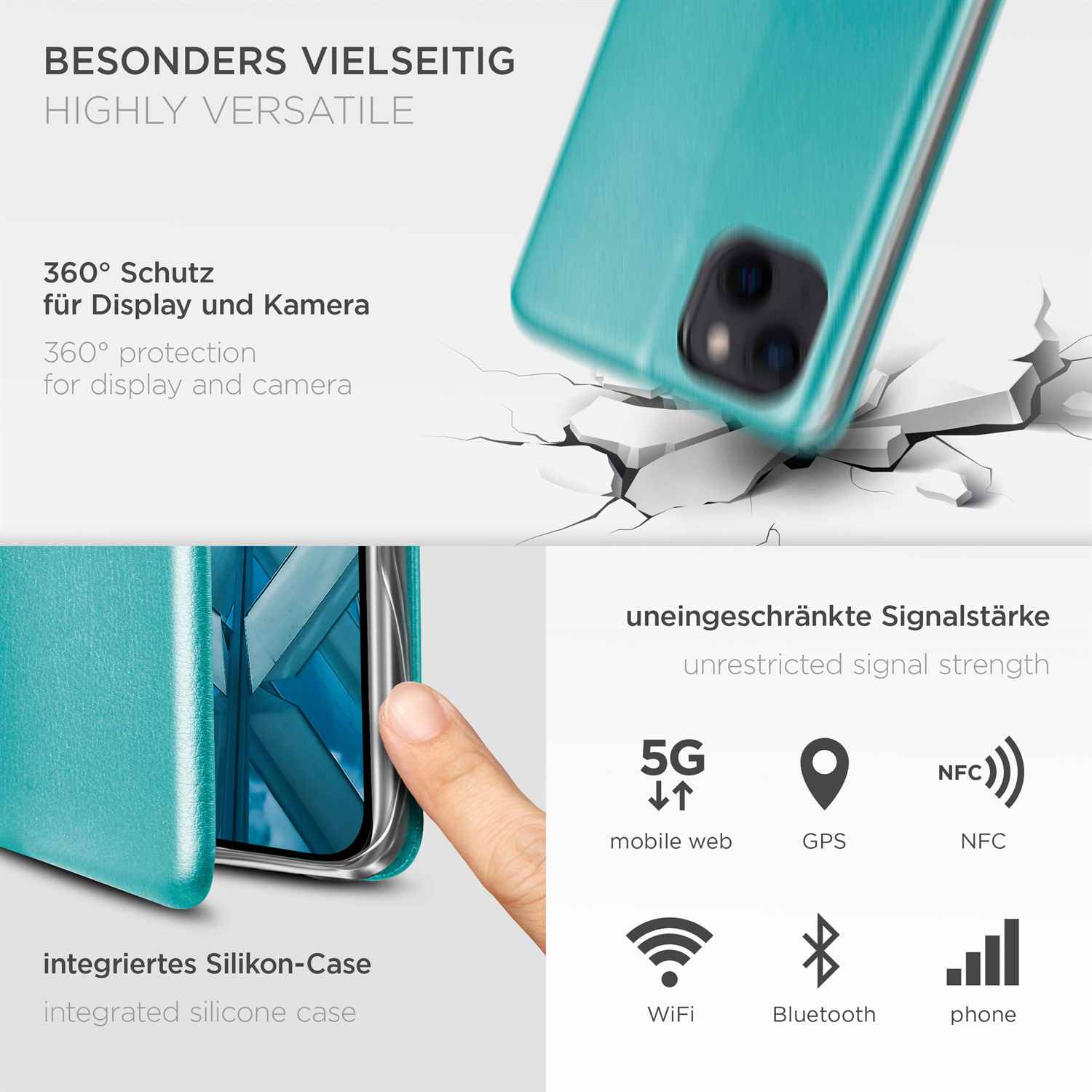 Türkisfarbene Handyhülle mit Symbolen für 5G, GPS, NFC, WLAN, Bluetooth und Signalstärke.