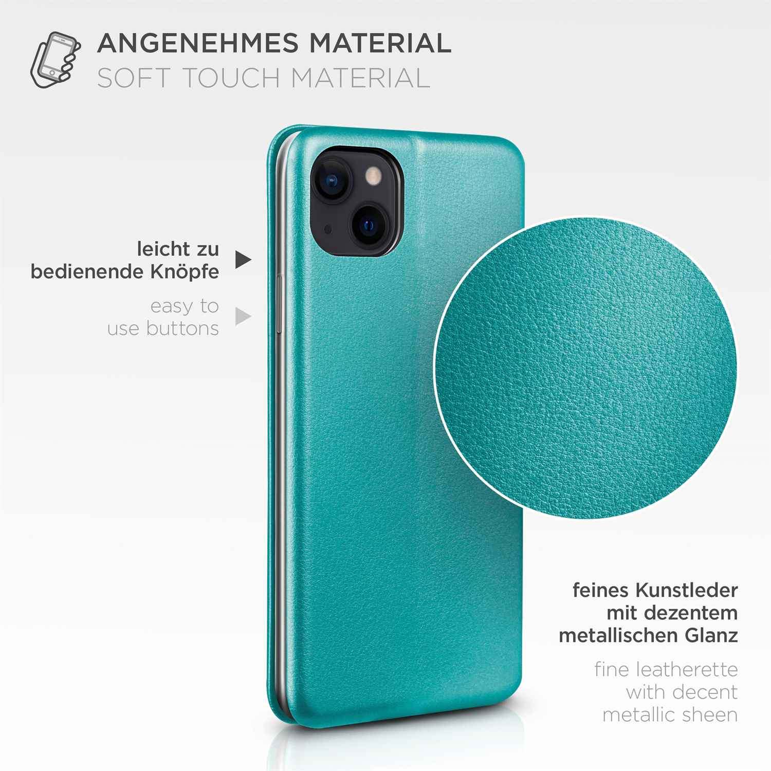 Eine türkisfarbene Handyhülle wird gezeigt, die ihr weiches Material und die leicht zu bedienenden Knöpfe hervorhebt.