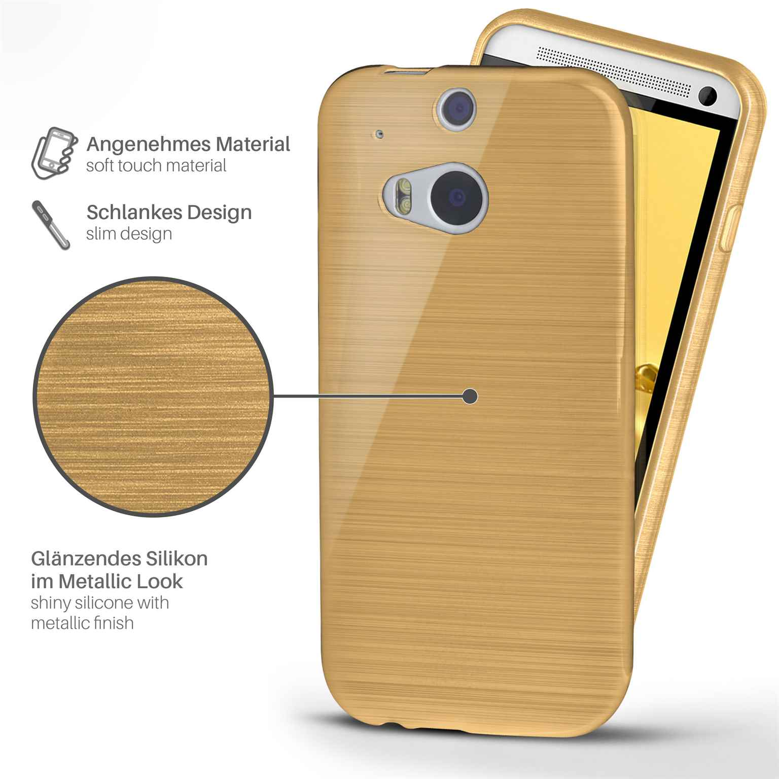 Goldene Handyhülle mit Metallic-Look und Textüberlagerung auf der linken Seite.