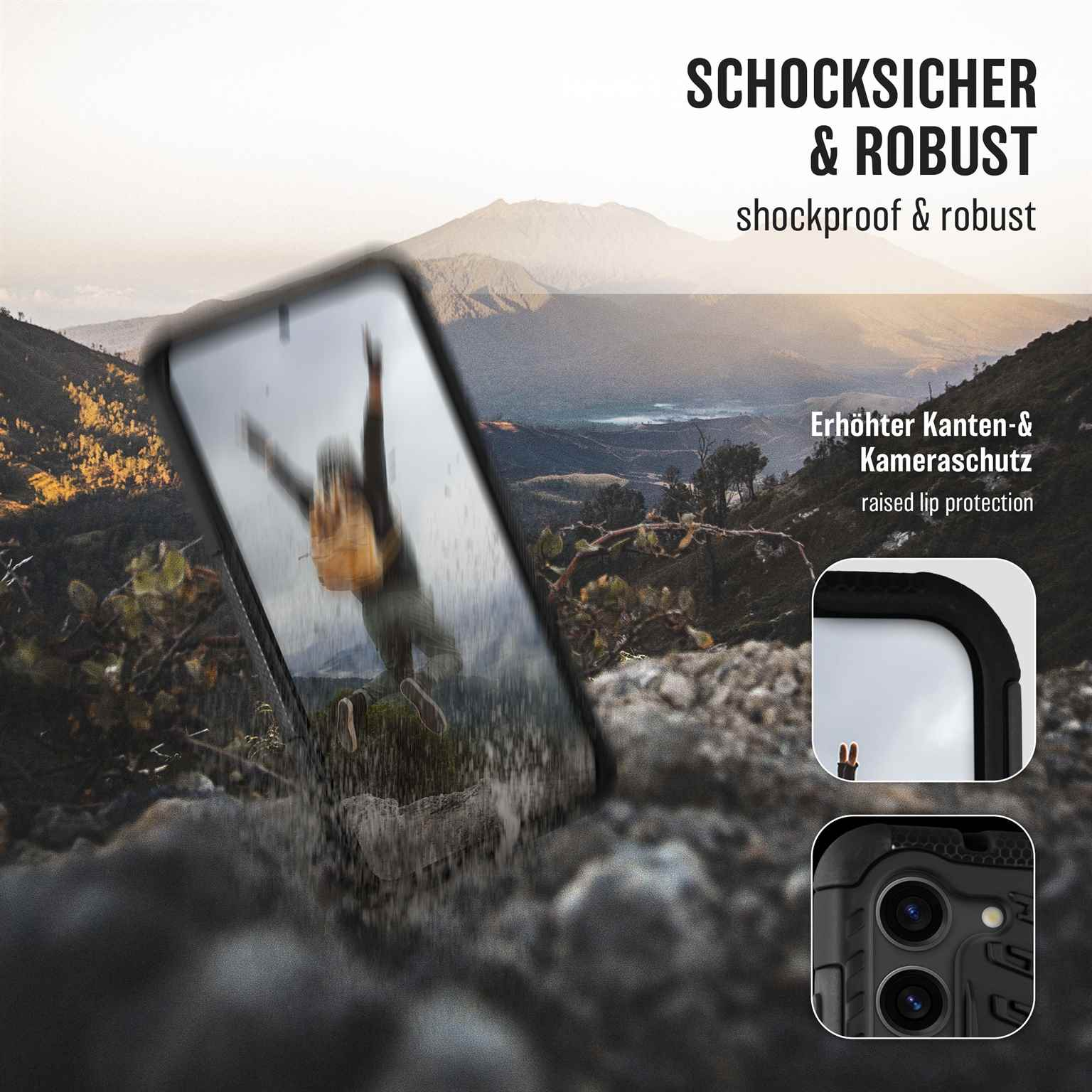Handyhülle mit Bild einer springenden Person. Der Text lautet „stoßfest & robust“.
