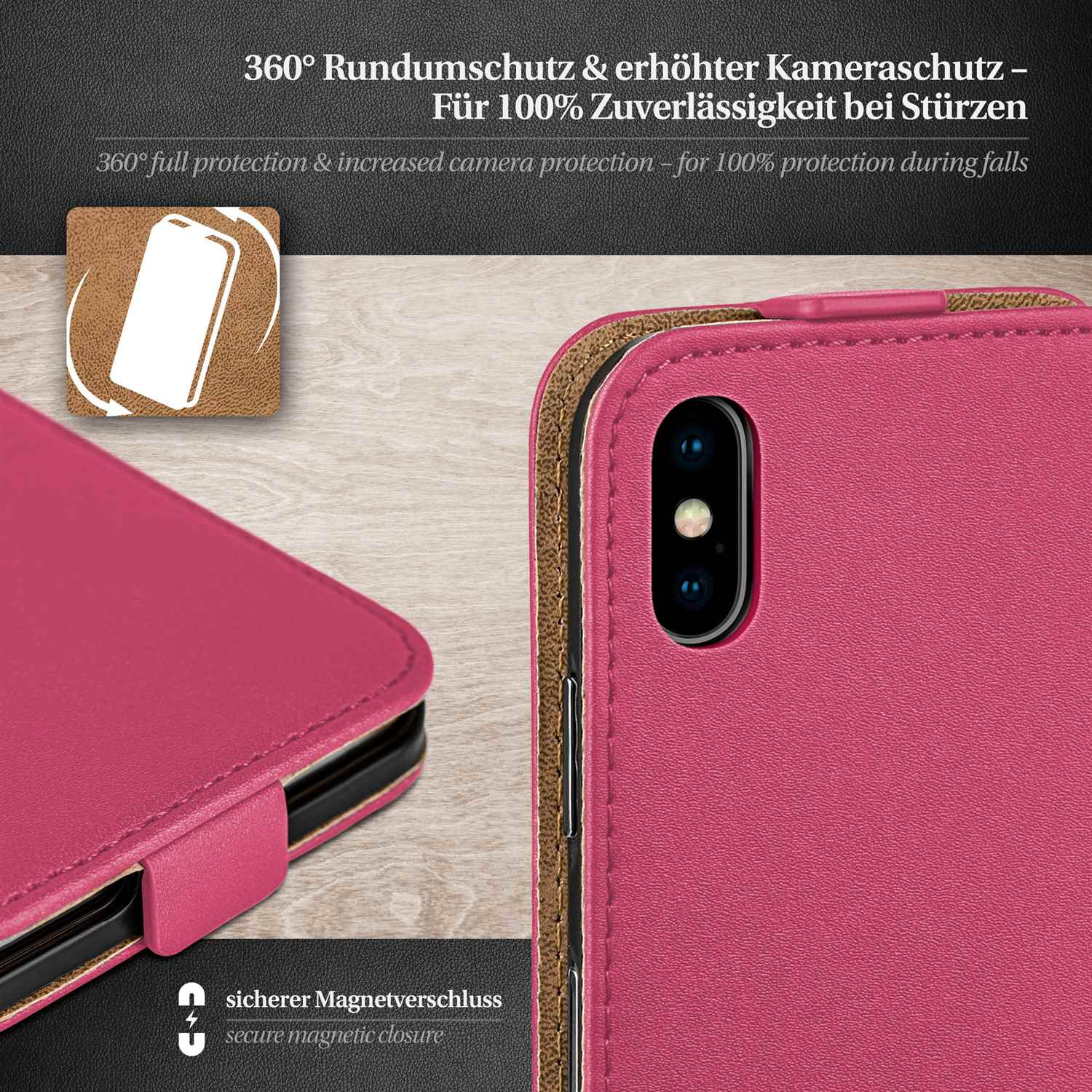 Rosa Handyhülle mit Displayschutz, Magnetverschluss und Text über Schutz.