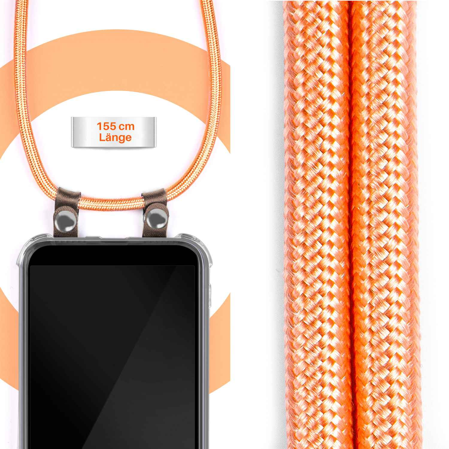 Ein Telefon in einer transparenten Hülle mit einem orangefarbenen gewebten Band. Text: '155 cm Länge'.