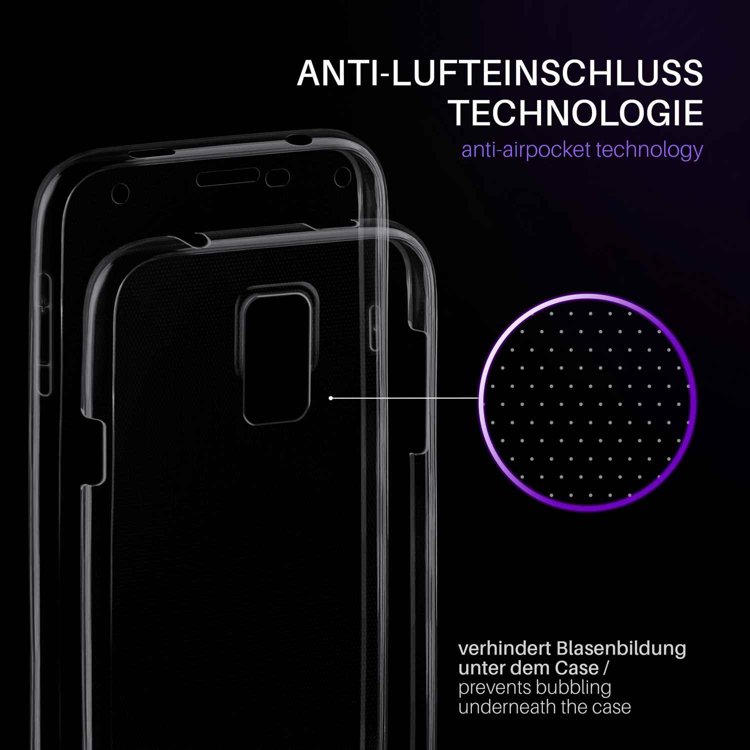 Transparente Handyhüllen mit deutschem Text: 'Anti-Lufteinschluss Technologie'. Ein violetter Kreis mit Punkten ist an der Seite.