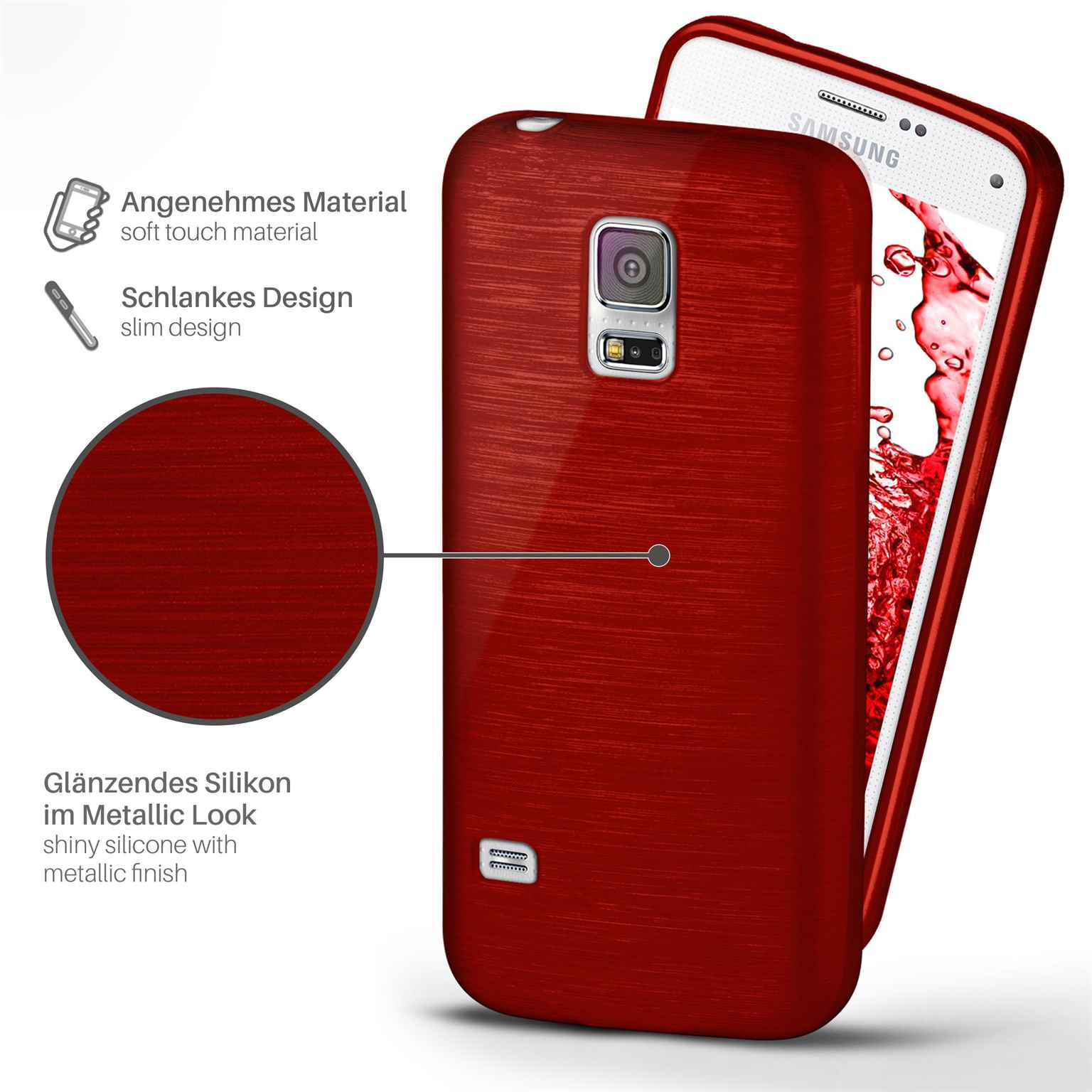 Rote Handyhülle mit gebürsteter Metallstruktur und einem Samsung-Telefon mit weißem Rahmen.