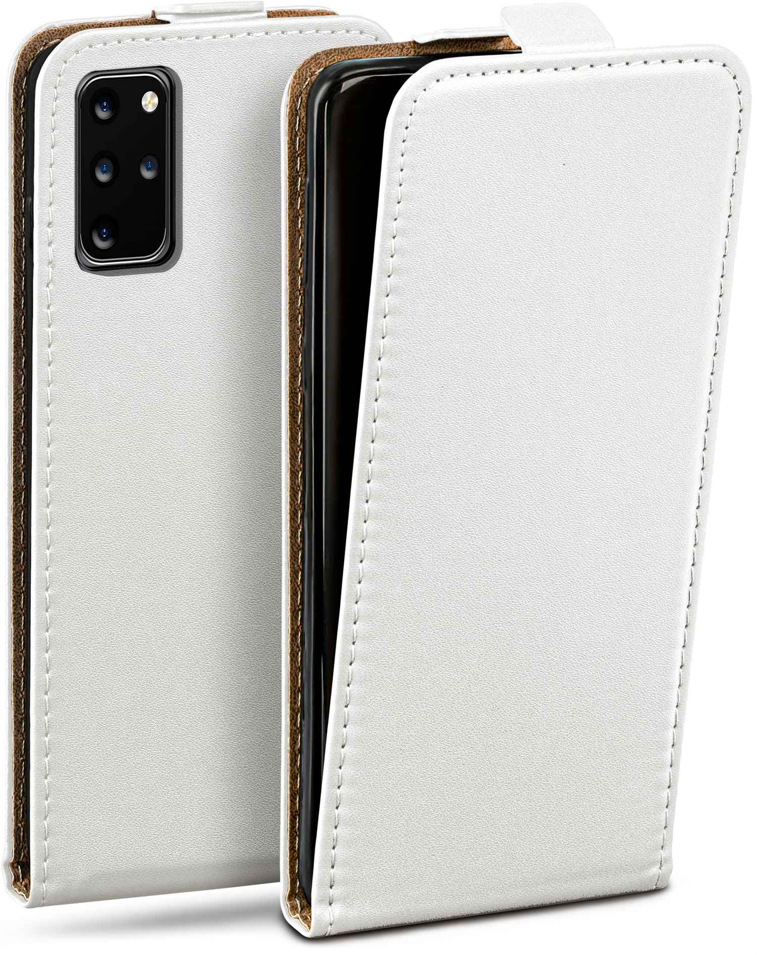 Weiße Handyhülle, offen, zeigt ein schwarzes Telefon. Brauner Innenraum und Nähte.